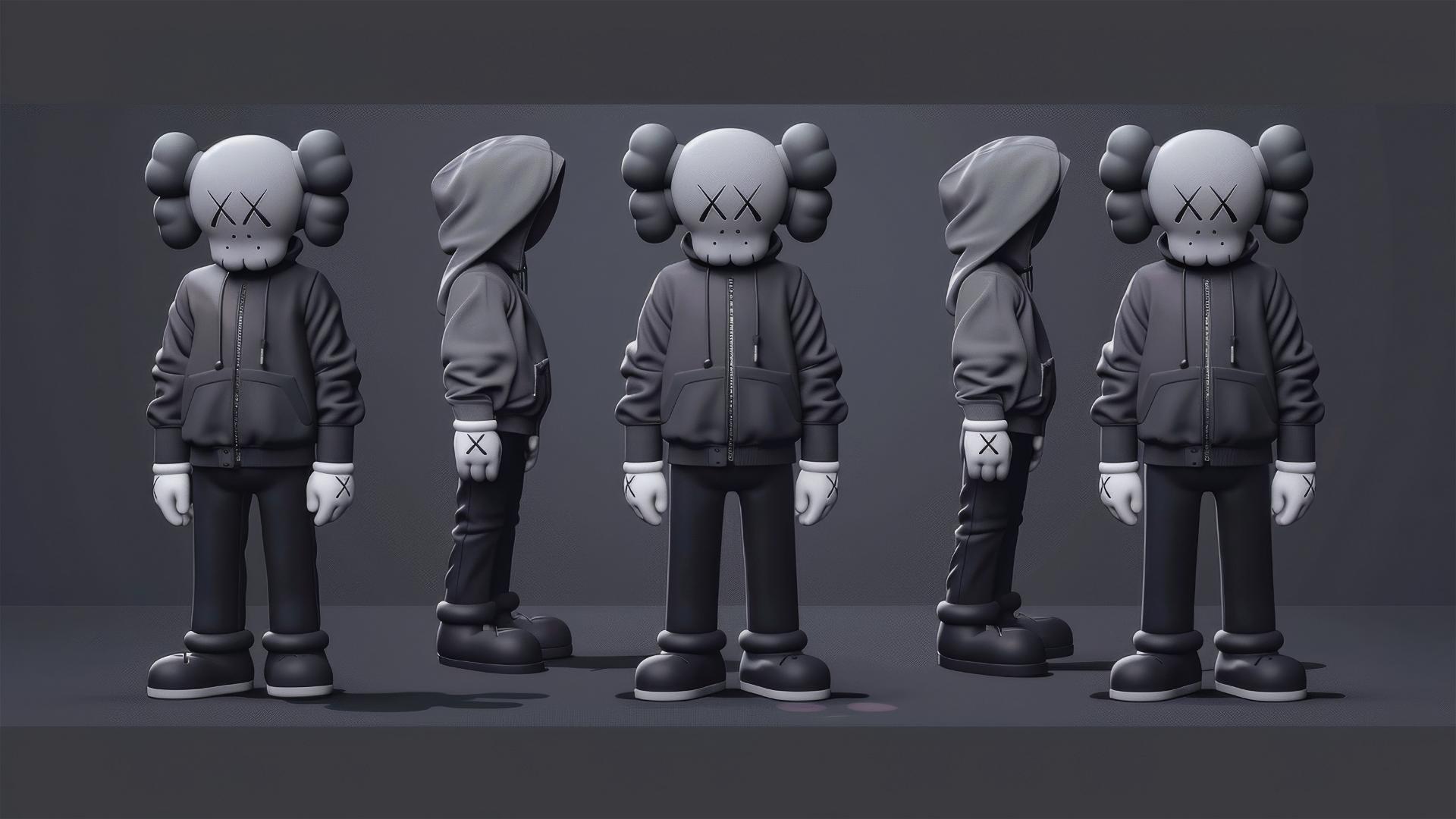 KAWS character in Supreme outfit with different poses in infographic style