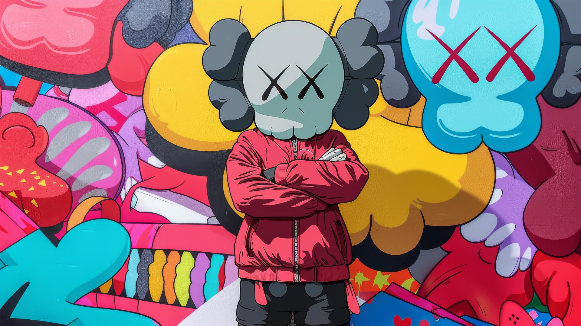 Cartoon 2D style art featuring Kaws character with crossed arms