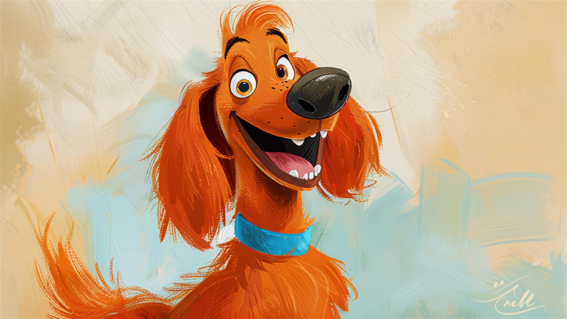 Cartoon dog with big nose, long face, blue collar, orange fur, happy expression