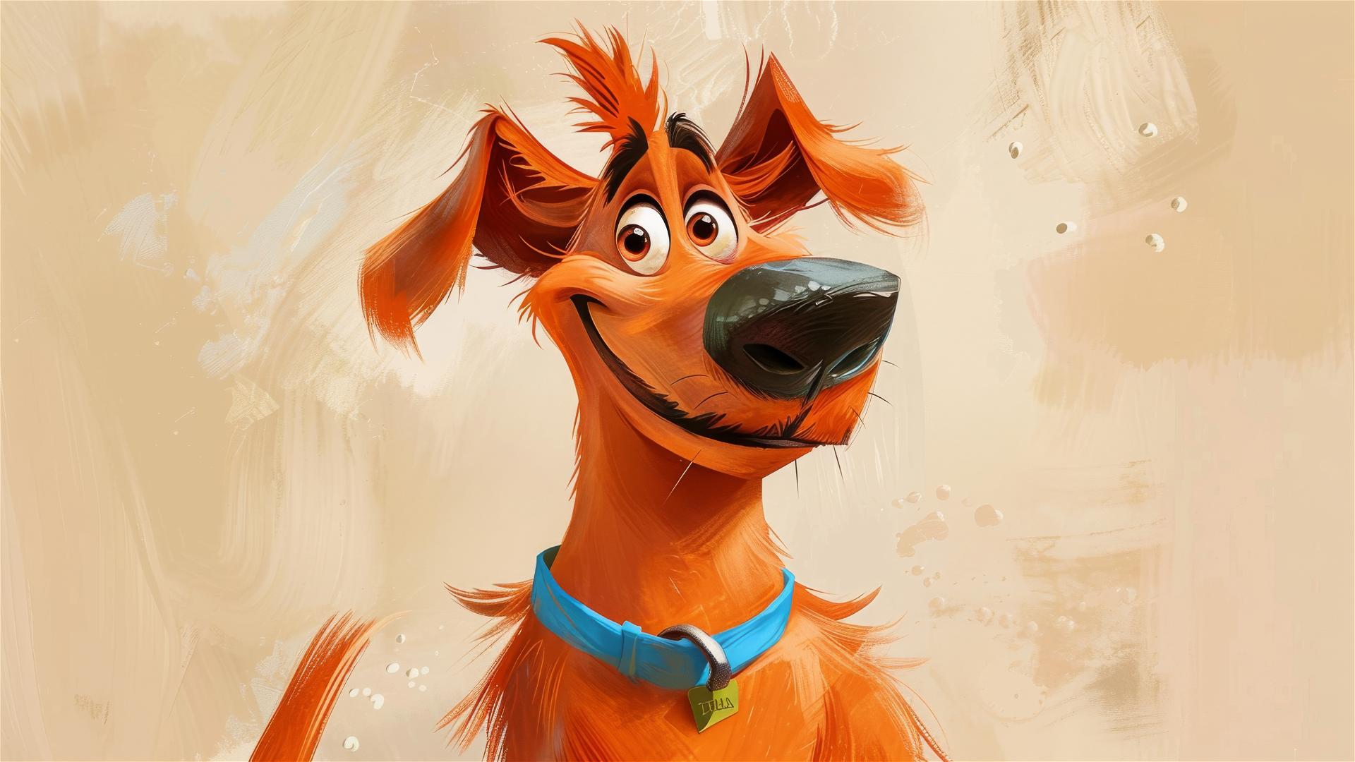 Dog illustration in Pixar style with big nose, long face, blue collar, orange fur, happy expression