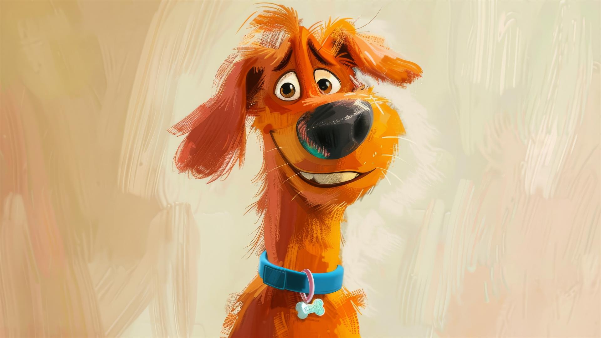 Happy dog with orange fur, big nose, blue collar, Pixar cartoon style