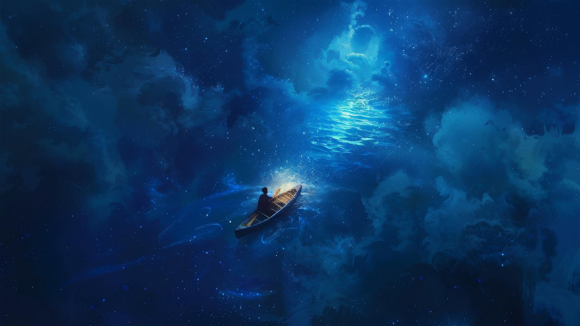 Aerial view of a small boat in a glowing, star-filled sea