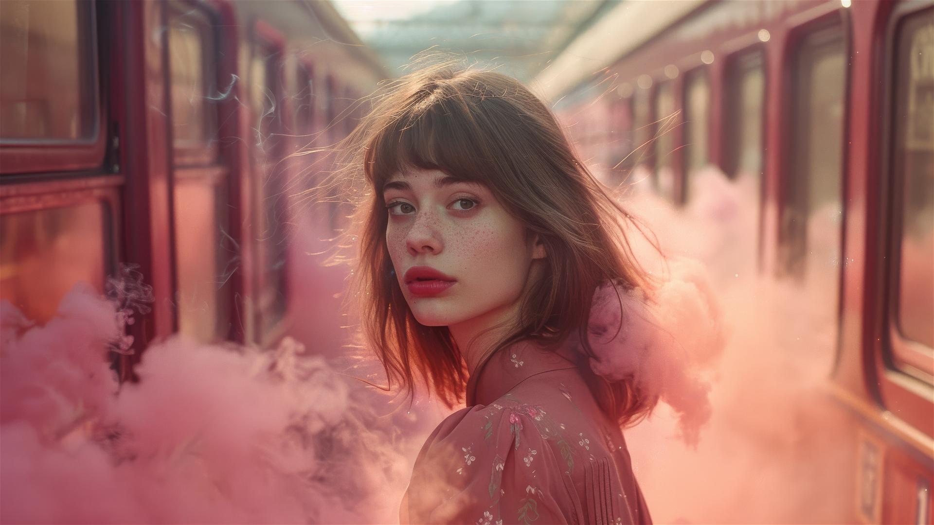 Model walking amidst trains with pink smoke, brown hair, whimsical floral style
