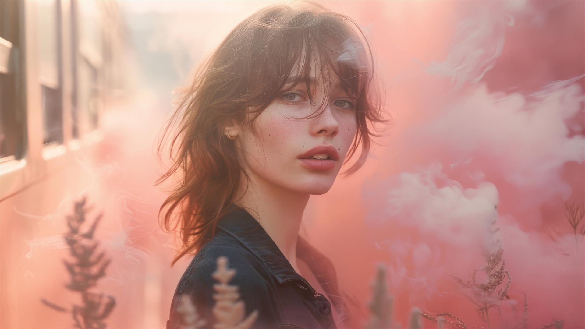 Model walking between trains with light pink smoke and flowers, 1980s style