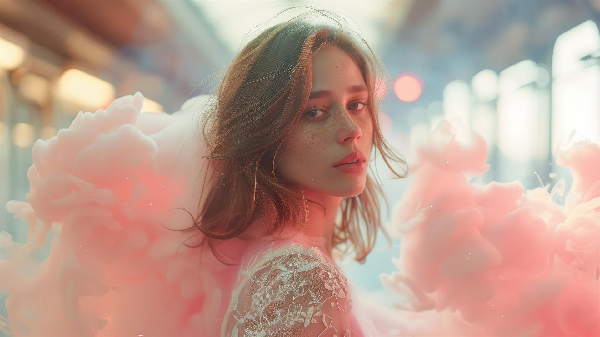 Model walking between trains in pink smoke with brown hair, whimsical 1980s style