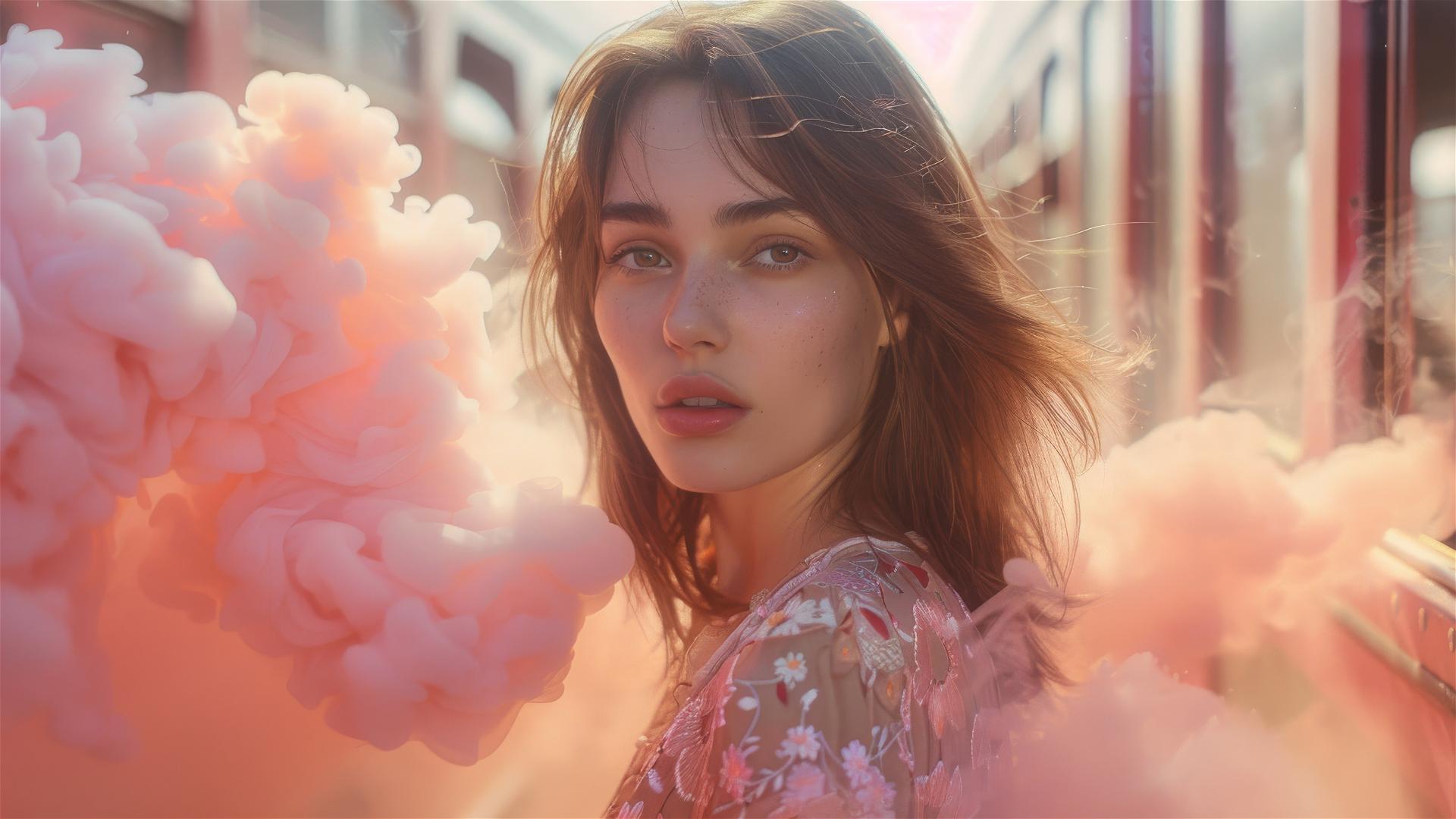 Model walking between trains with light pink smoke