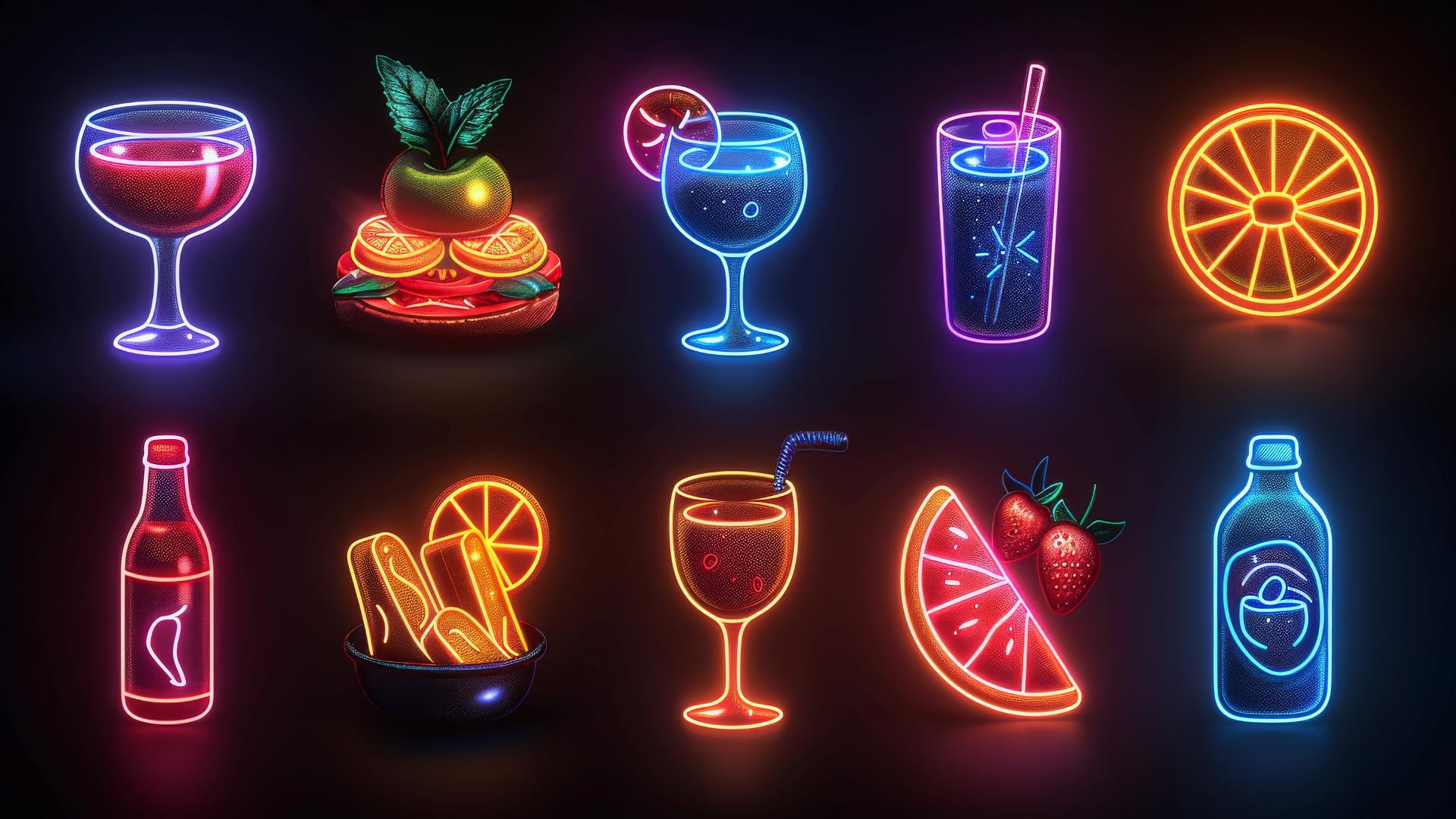 Colorful food icons with frosted glass effect on dark background
