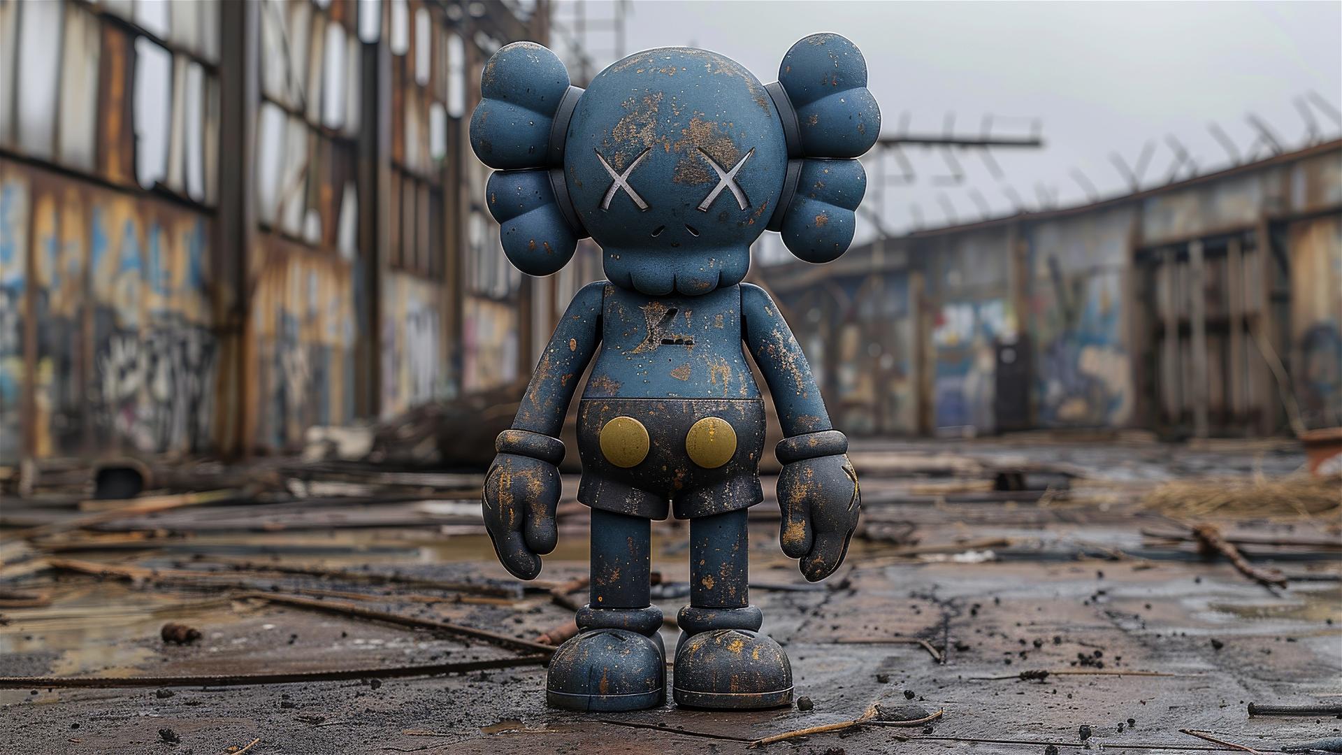 Cartoon-style Monkey with LV Kaws art surrounded by blue circles