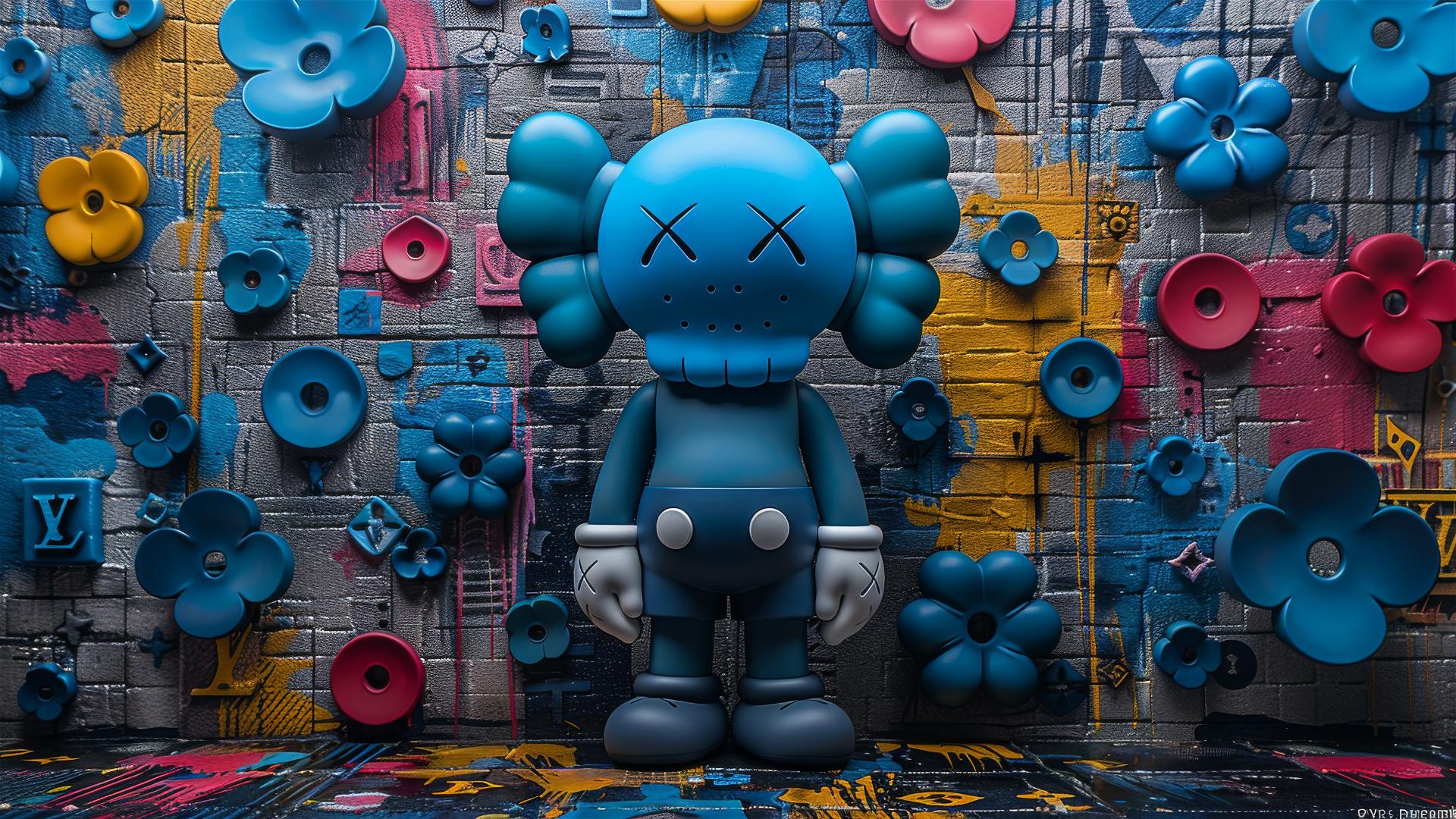 cartoon art, Louis Vuitton companion Kaws style, blue circles, full body Monkey