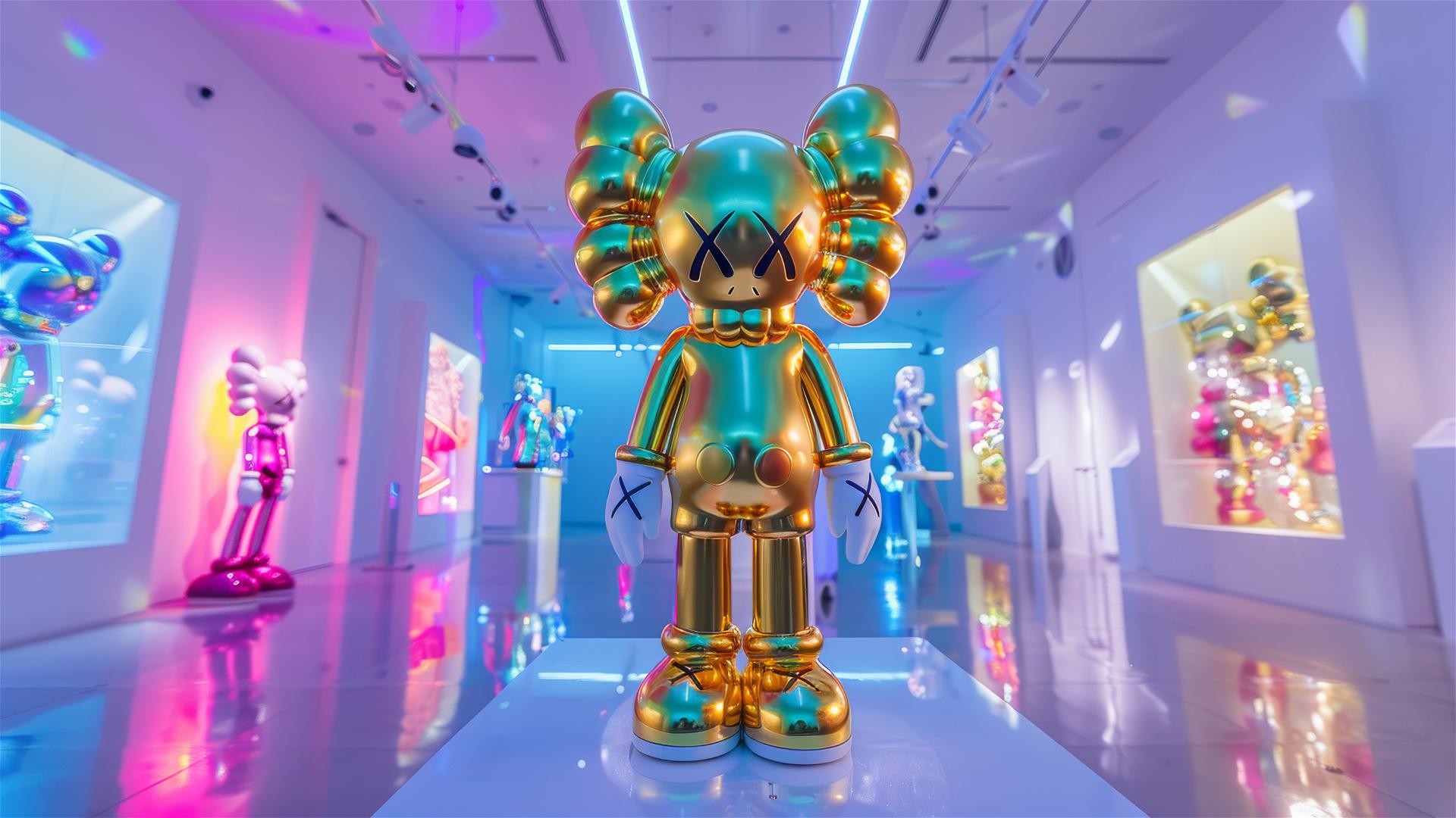 Alien gladiator with blowfish head in vibrant pastel colors at an art gallery