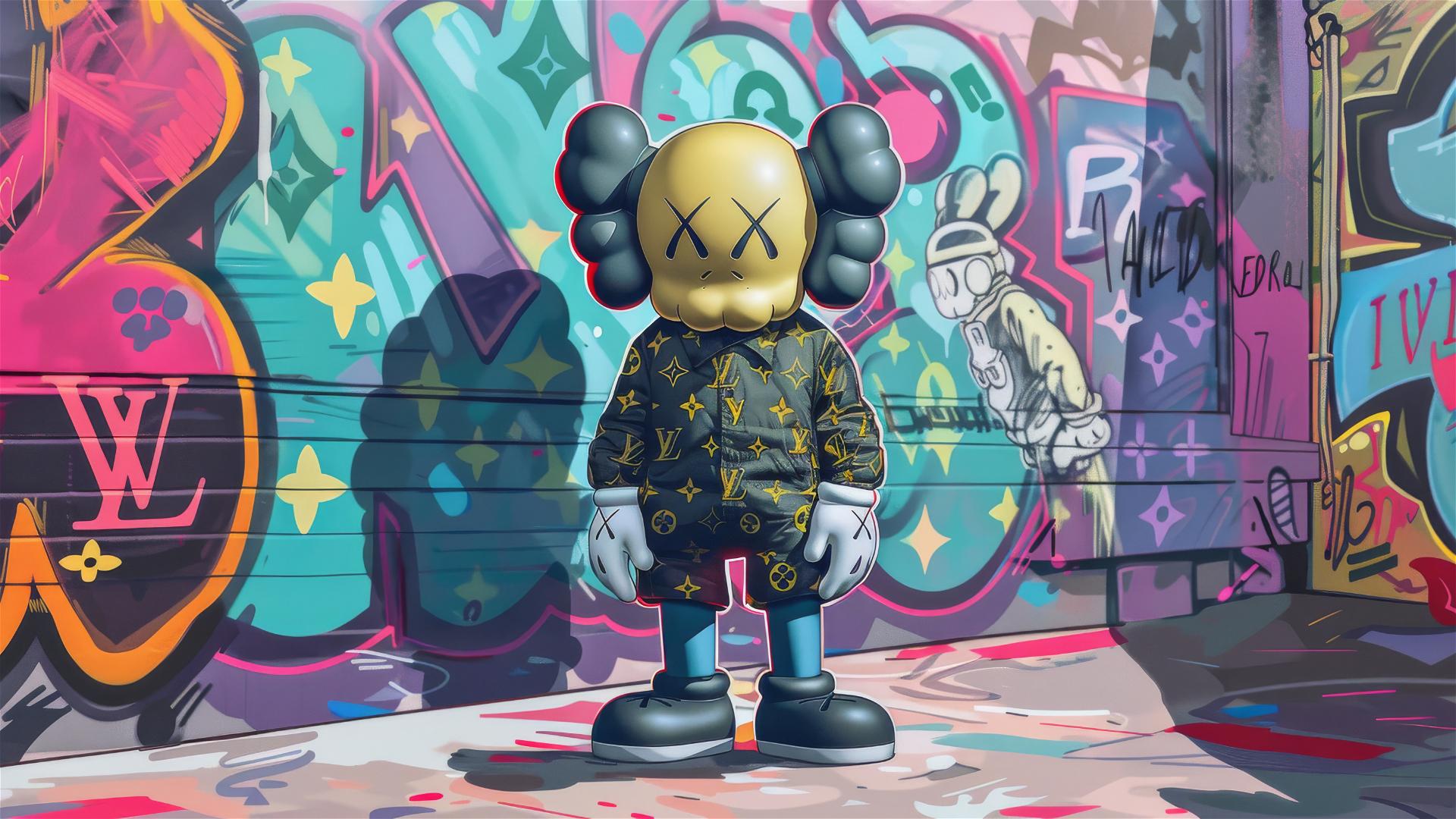 2D cartoon art with Louis Vuitton Kaws companion