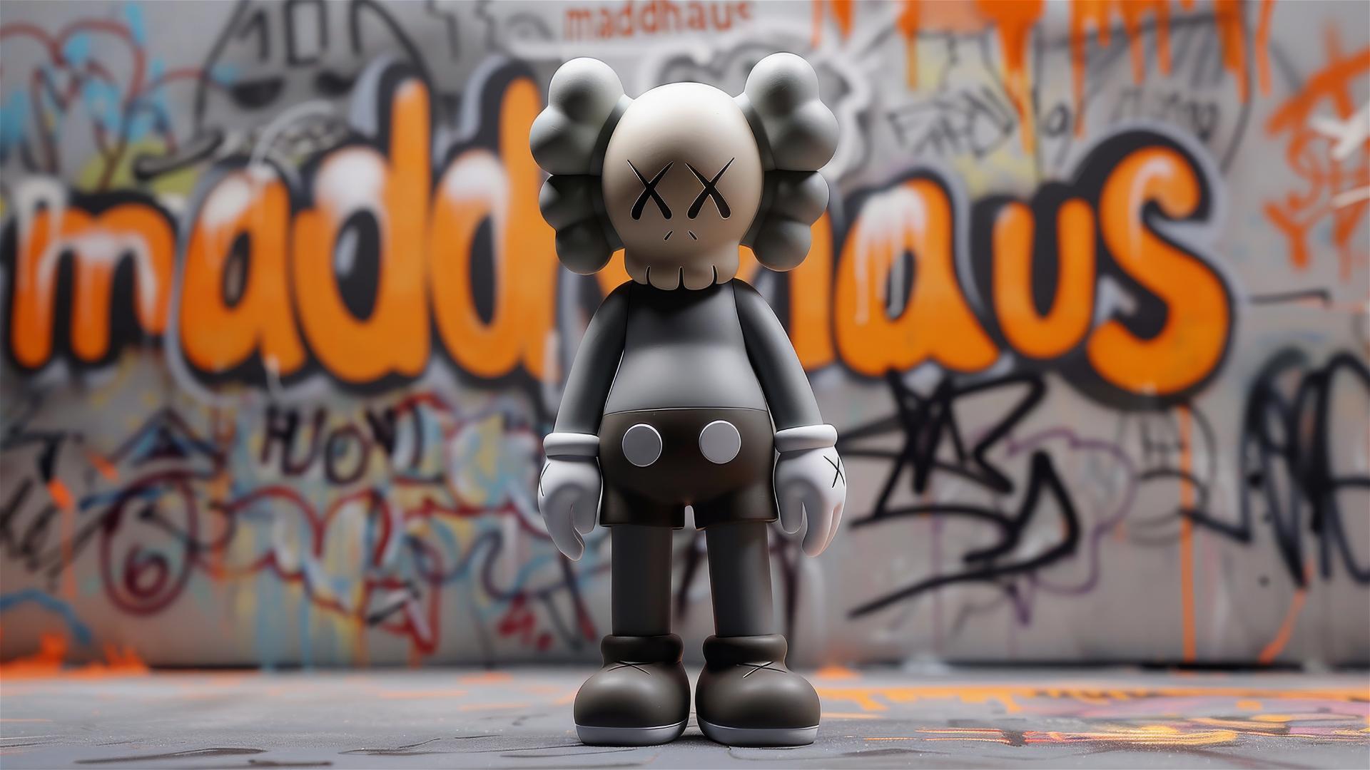 Kaws artwork with 'maddhaus' written in orange on grey with urban textures.