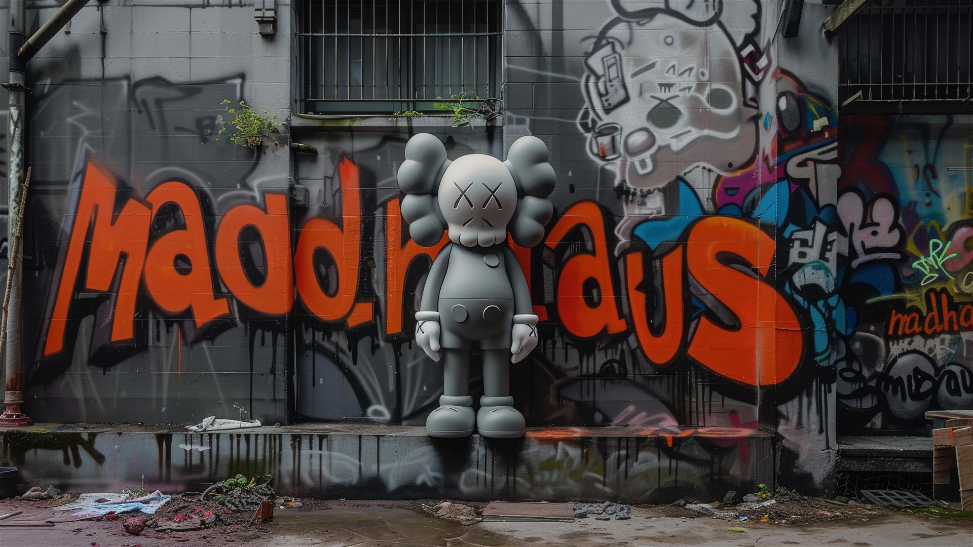 Kaws artwork with 'maddhaus' in orange letters, grey background, urban textures