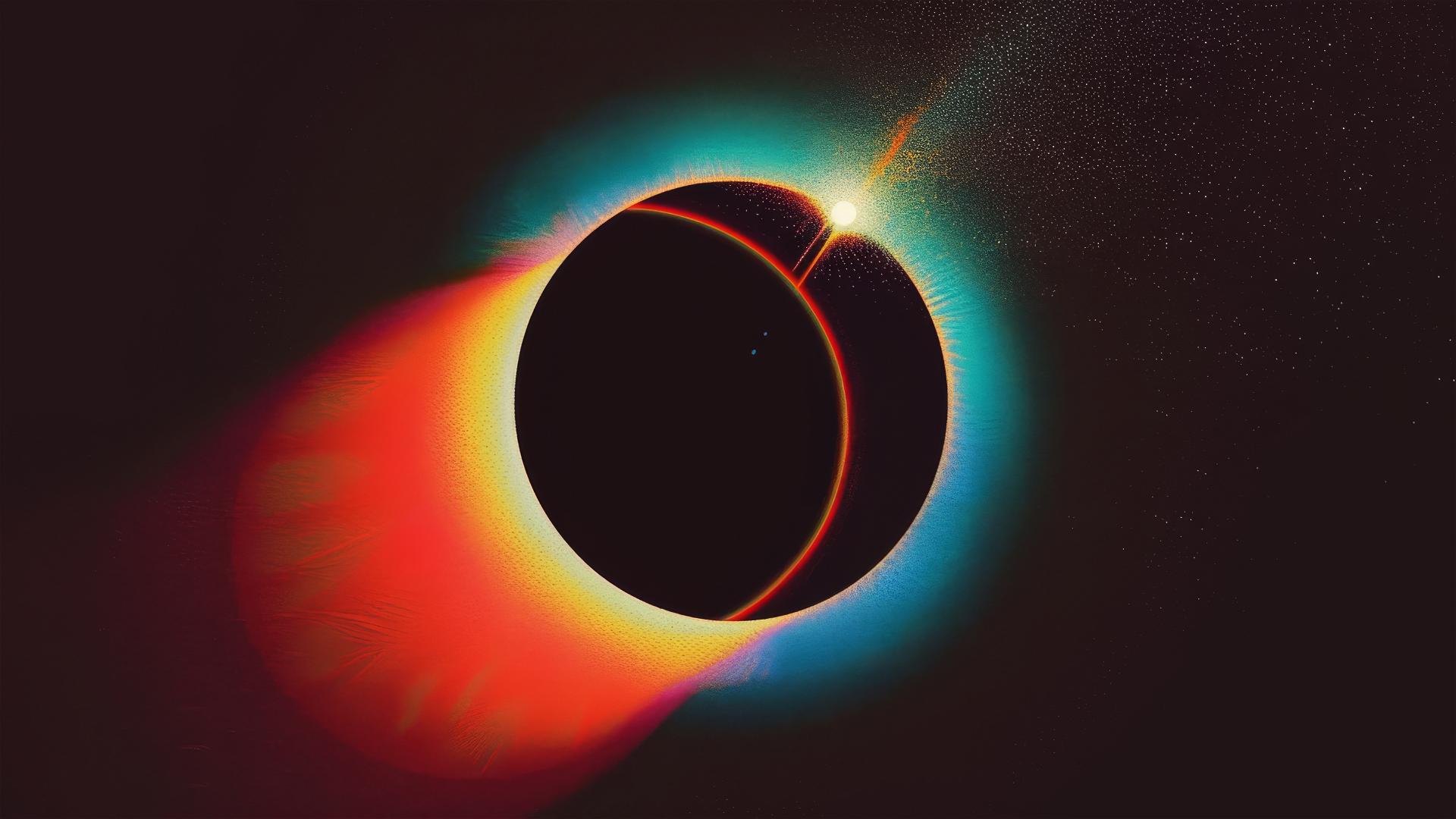 Abstract hyperrealistic solar eclipse with vivid colors and dramatic shadows