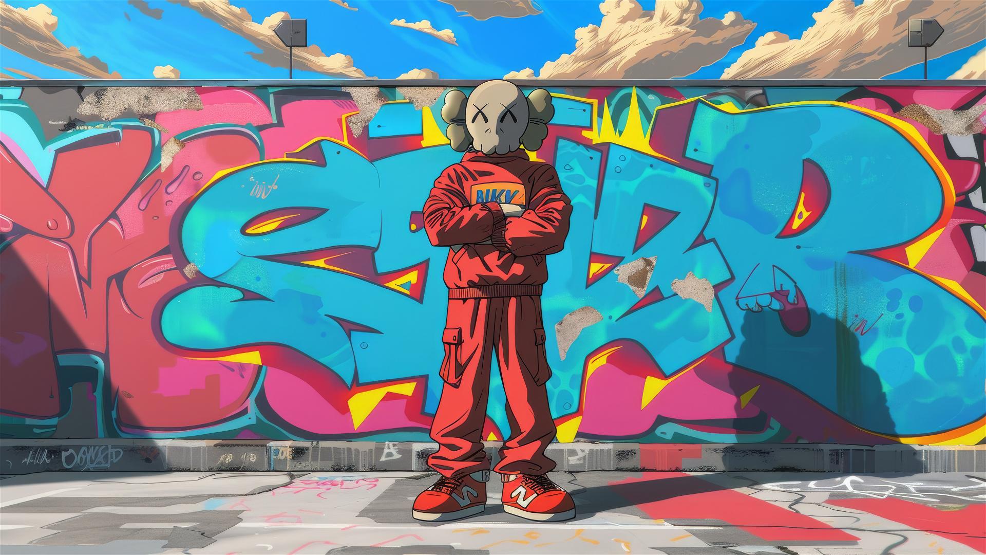 Cartoon 2D style art with Kaws Nike companion crossing arms