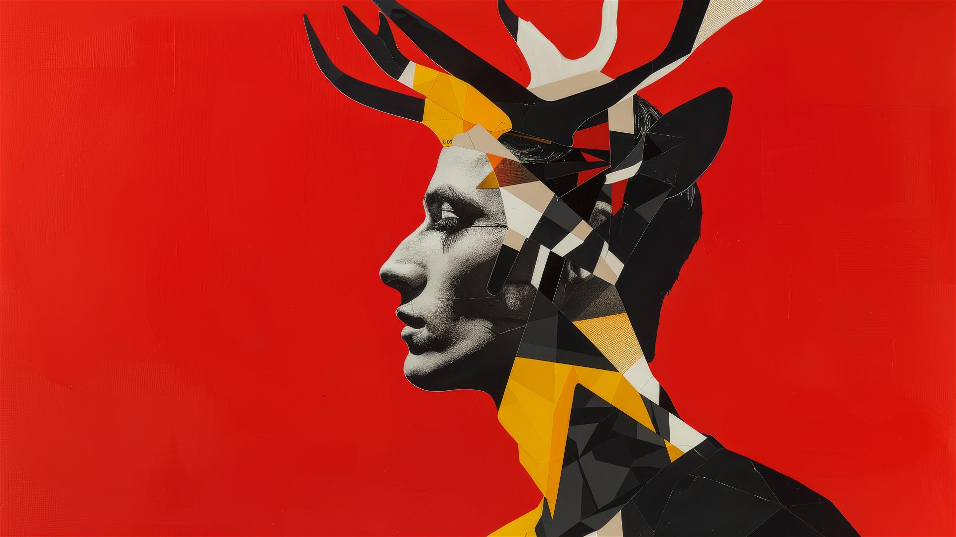 Portrait of a man with a deer's head, minimalism, pop art collage, red background