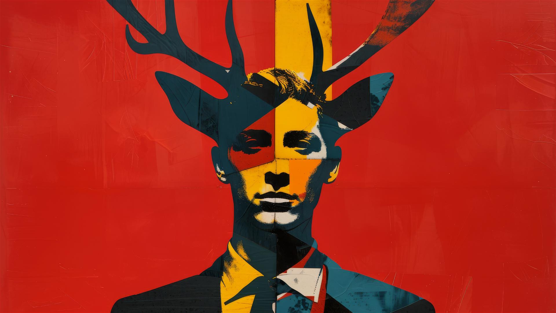 Portrait of a man with a deer's head, pop art collage style