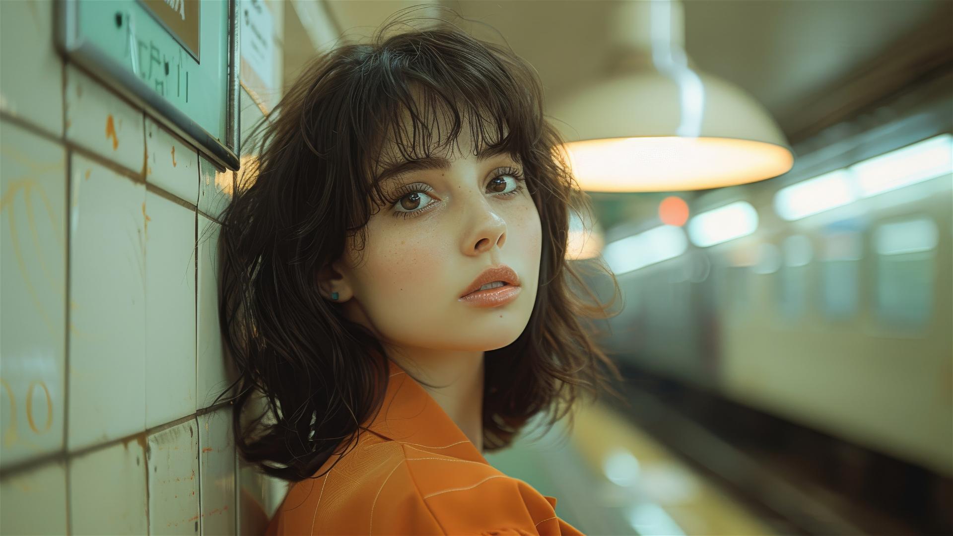 Young woman in vintage clothing with black bangs in subway