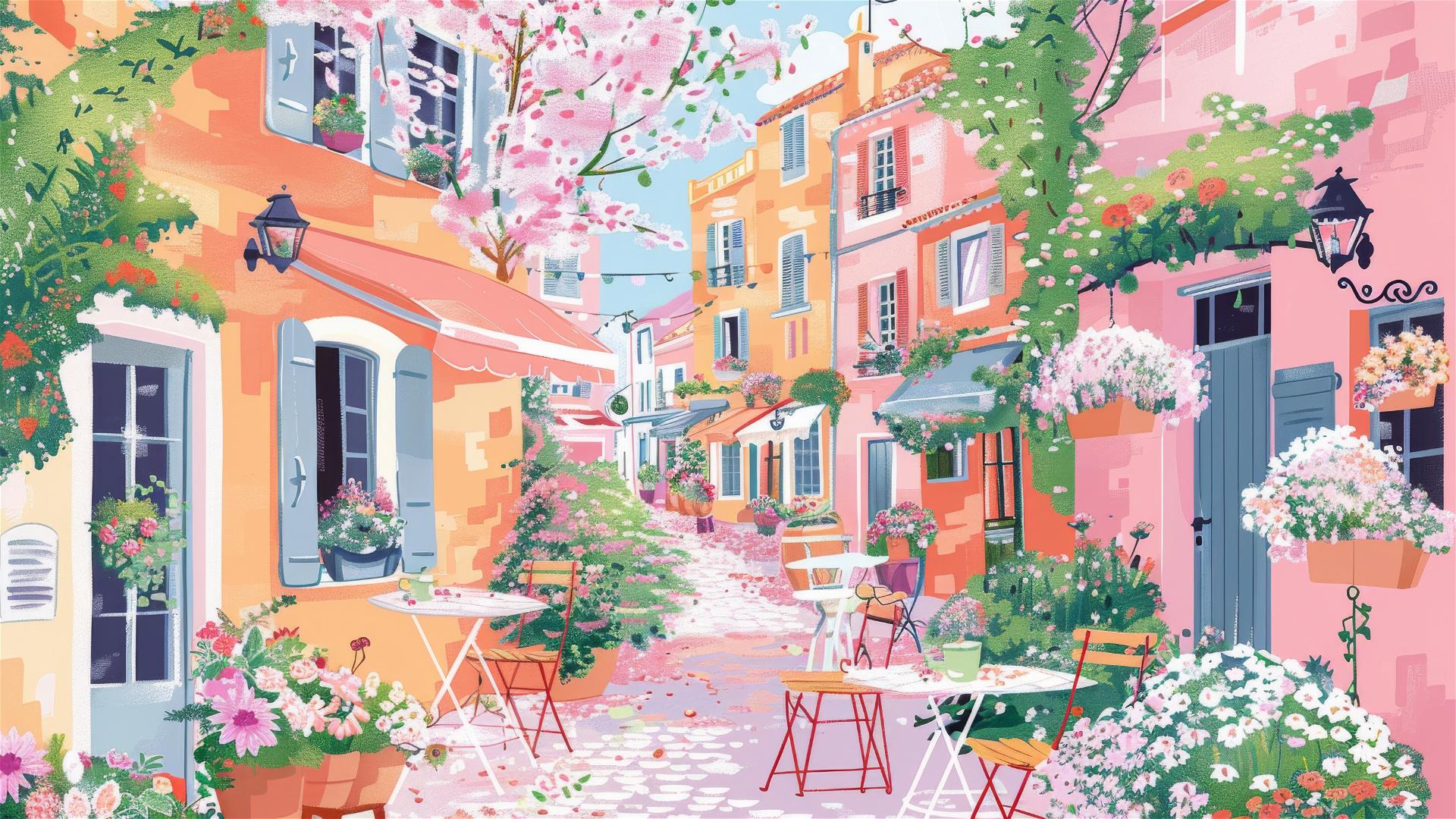 Illustration of sunny pink and pastel French village streets with flowers
