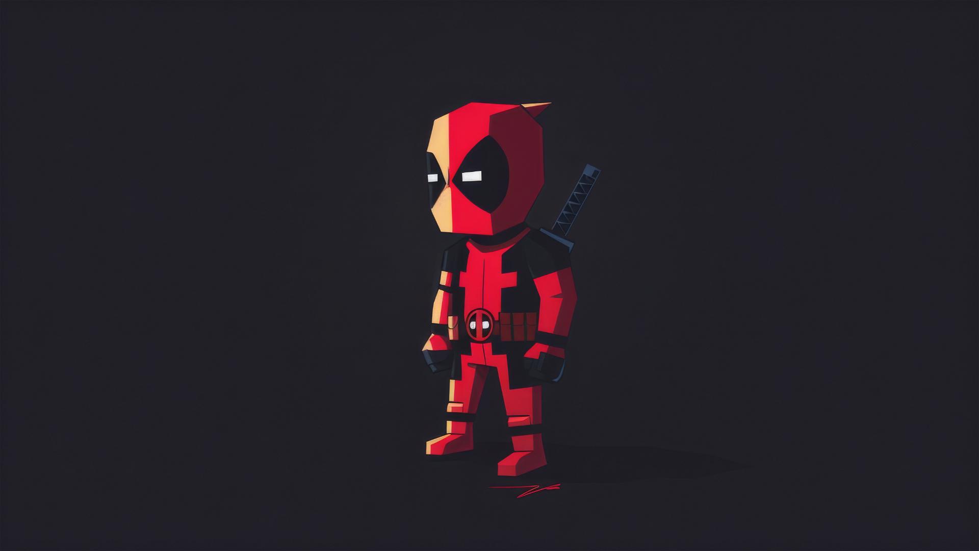 8-bit pixel art of little Deadpool on black background