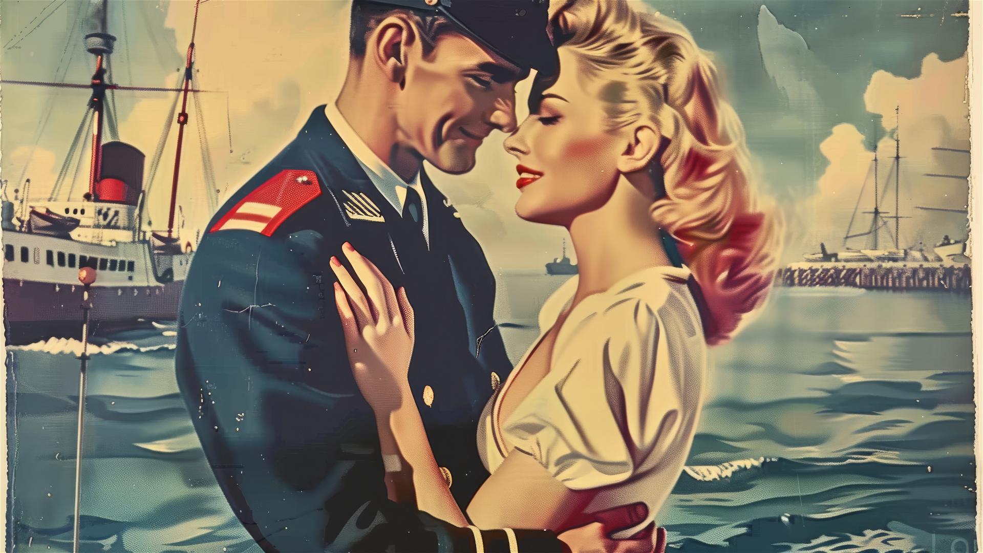 Retro modern poster of a naval officer embracing an elegant blonde woman.