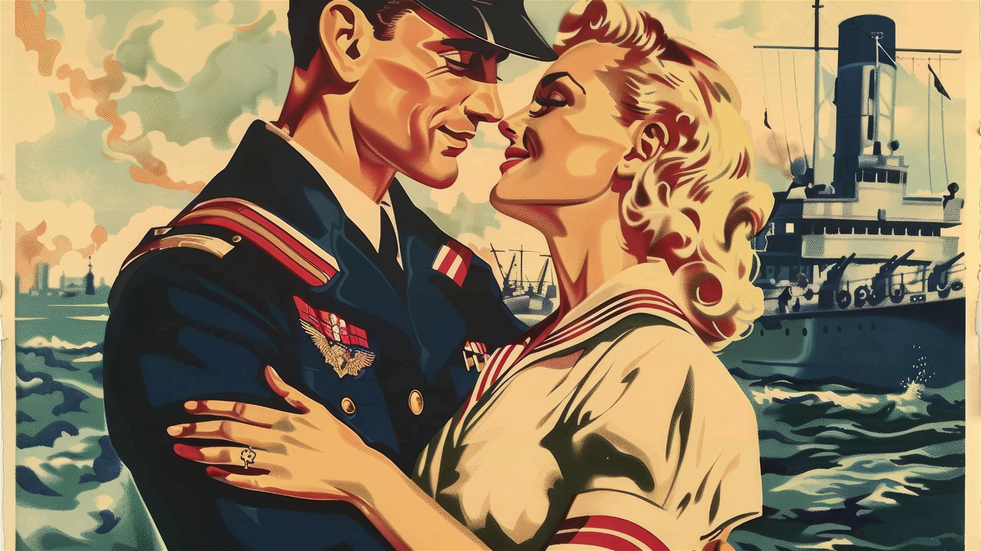 Naval officer and blonde woman embrace at docks with ships.