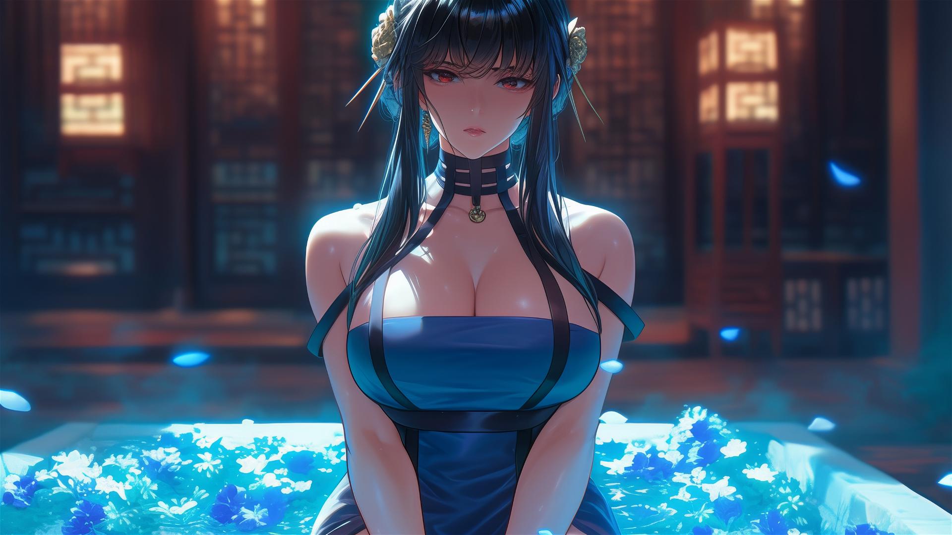 Yor Forger from Spy x Family in a flower-filled tub at a Chinese spa.
