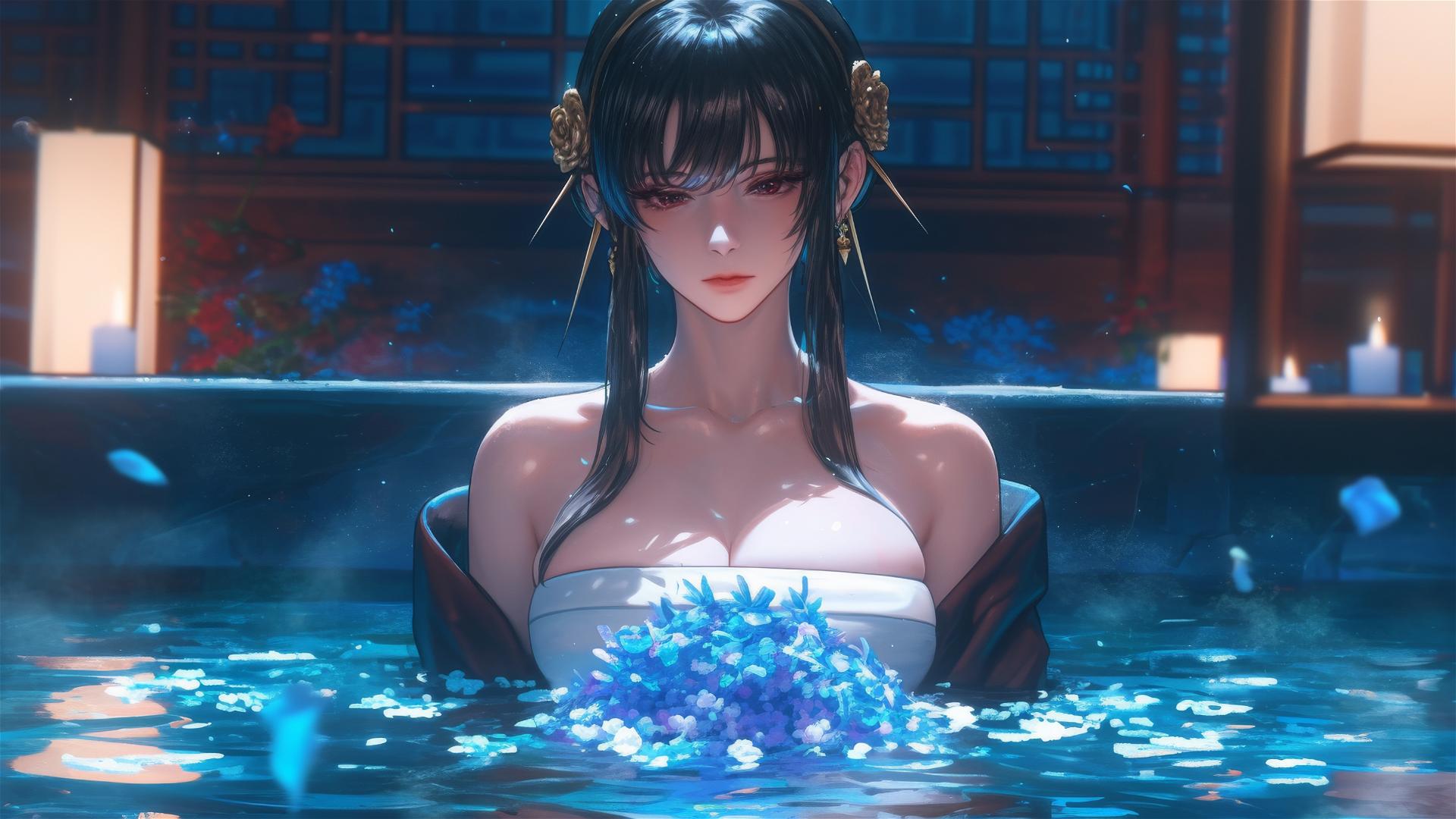Yor Forger in tub of flowers at Chinese spa
