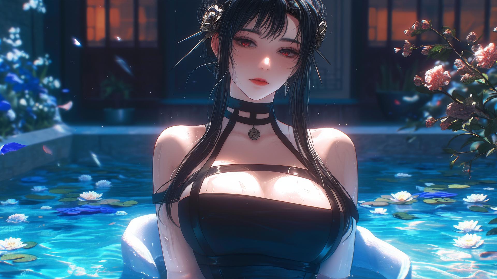 Yor Forger from Spy x Family in a flower-filled bathtub in a Chinese spa.