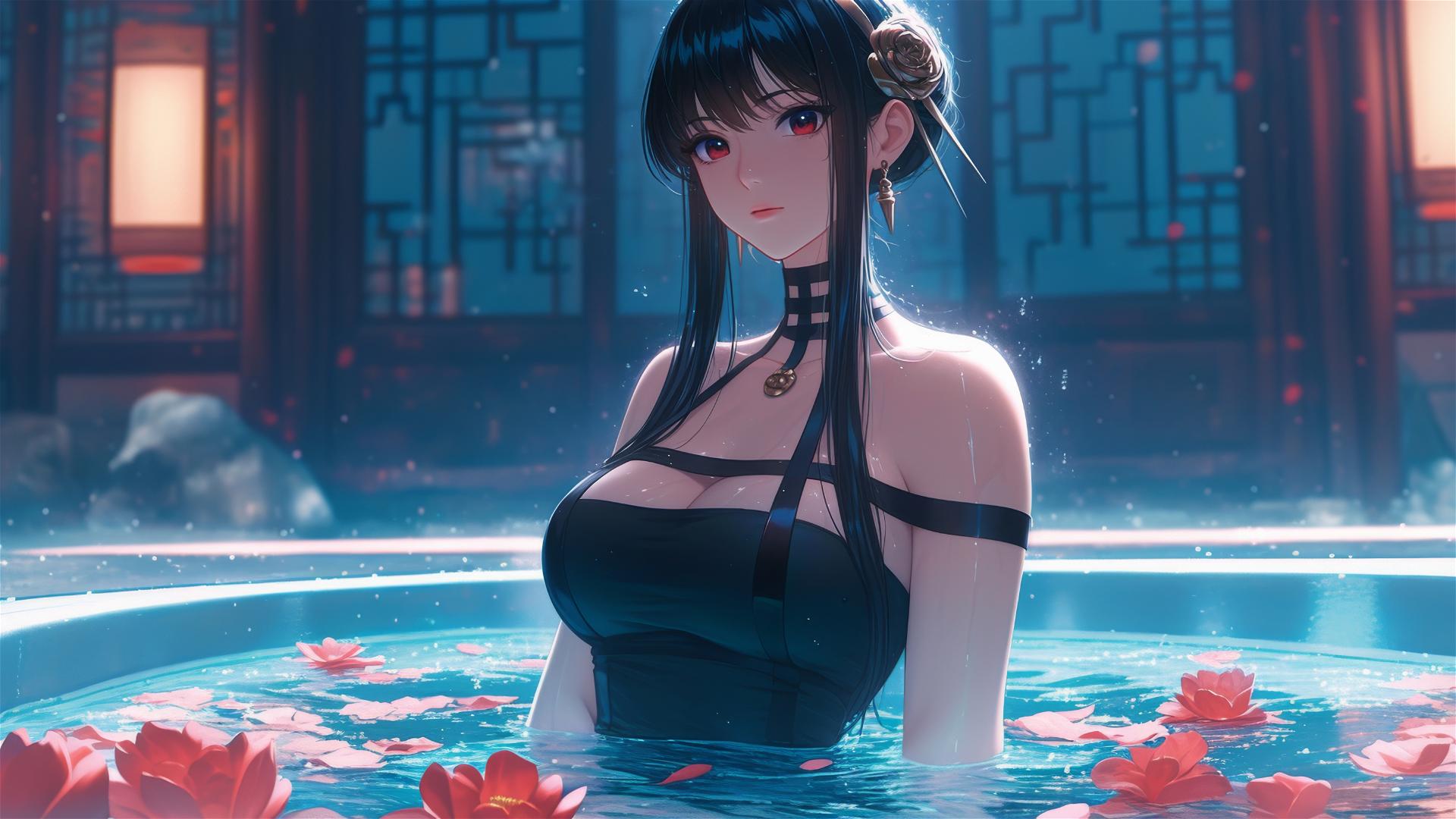 Yor Forger from Spy x Family in flower-filled tub at Chinese spa