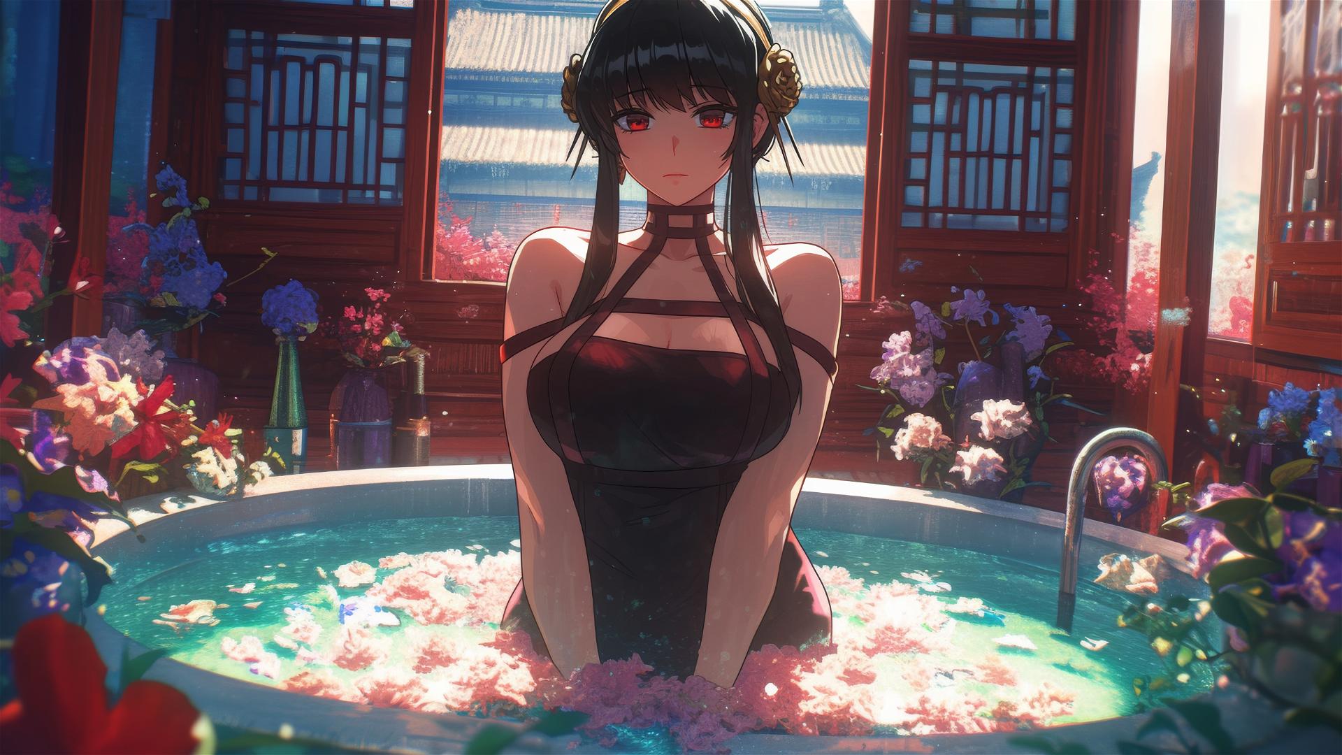 Yor Forger from Spy x Family in a flower-filled tub at a Chinese spa