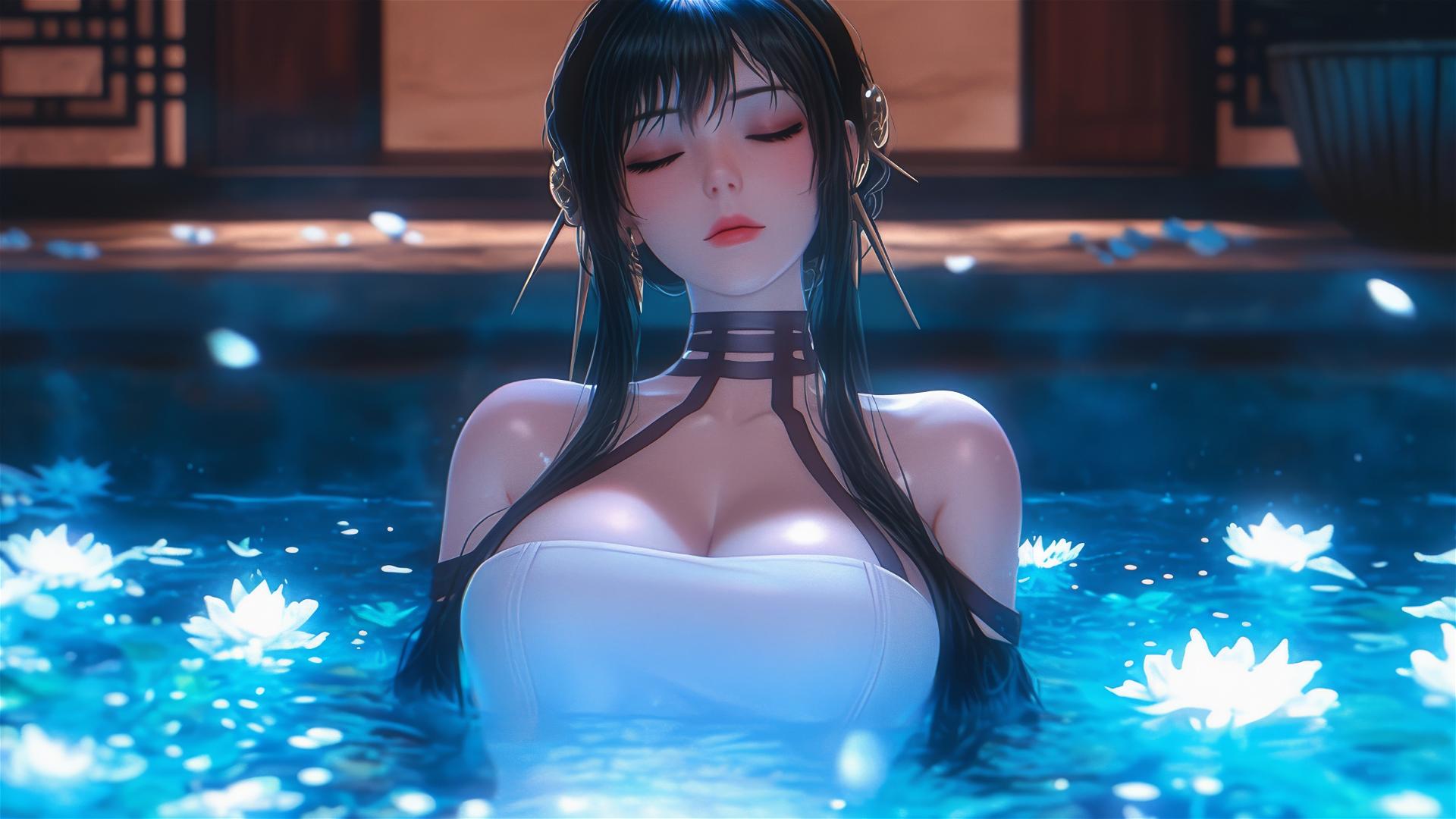Yor Forger from Spy x Family in a flower-filled tub at a Chinese spa