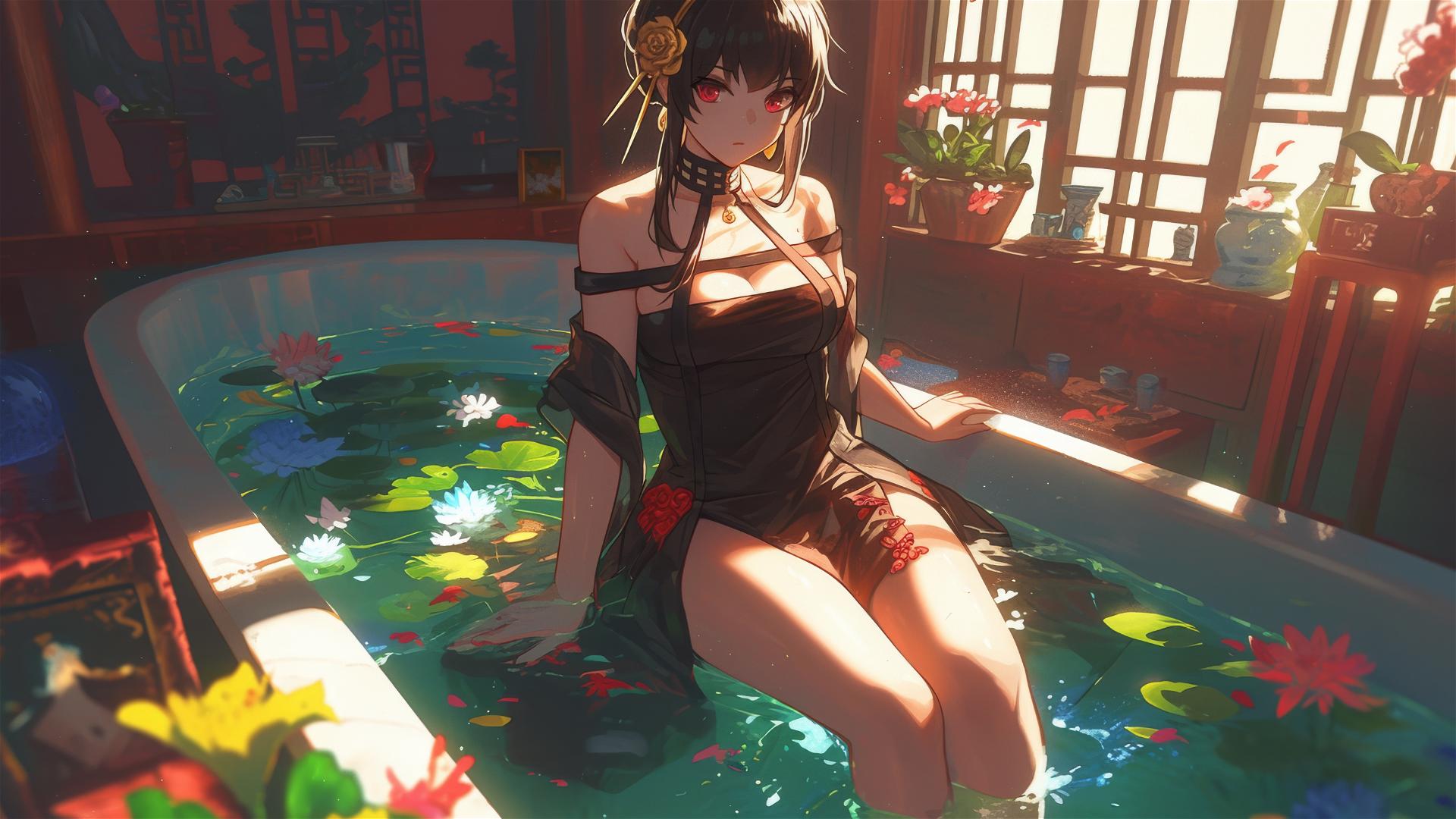 Yor Forger from Spy x Family inside a tub of flowers in a Chinese spa