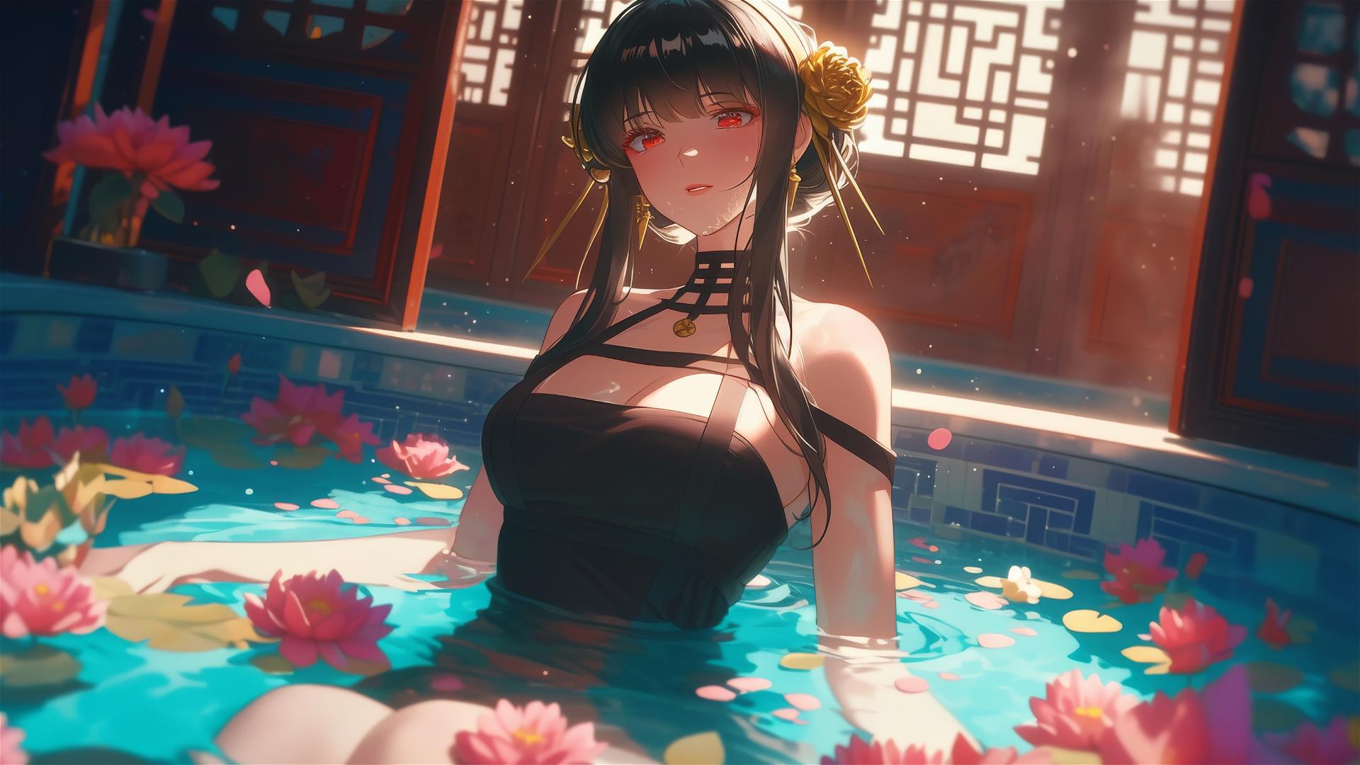 Yor Forger from Spy x Family in a flower-filled tub at a Chinese spa