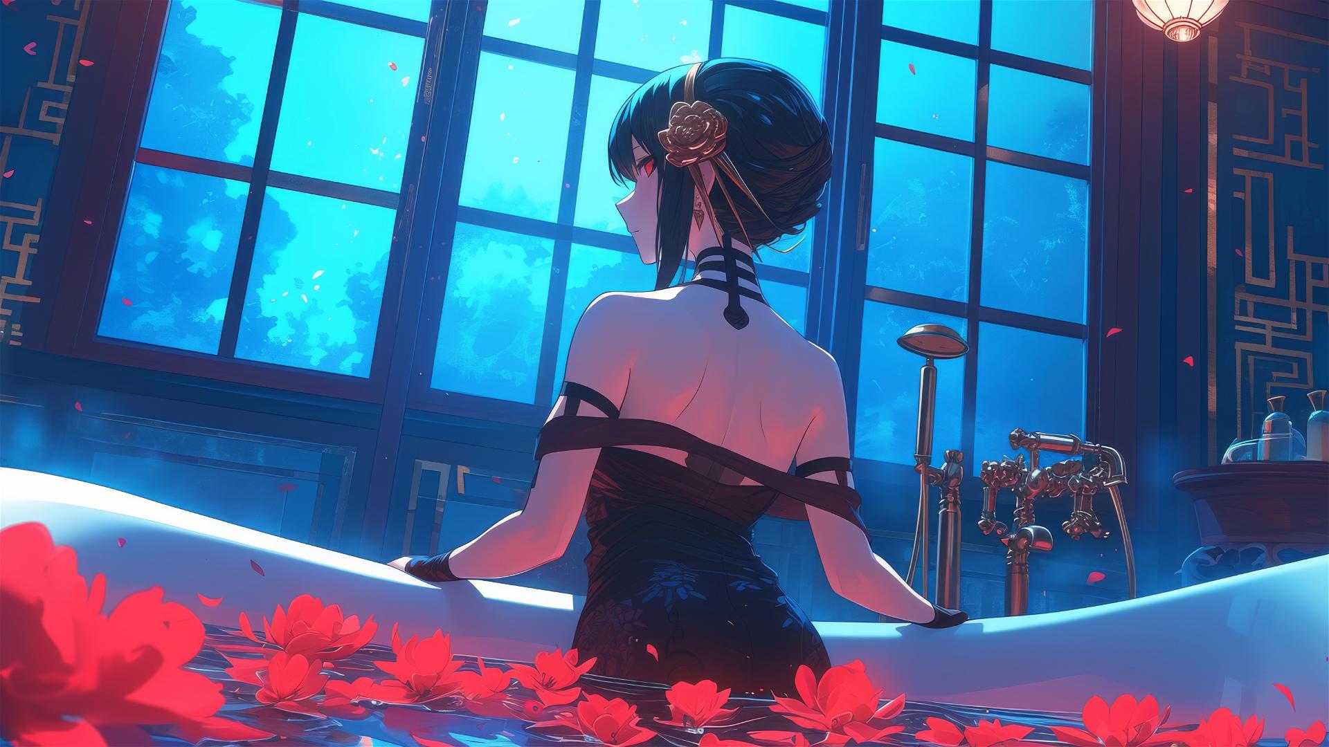 Yor Forger from Spy x Family in a flower-filled tub at a Chinese spa