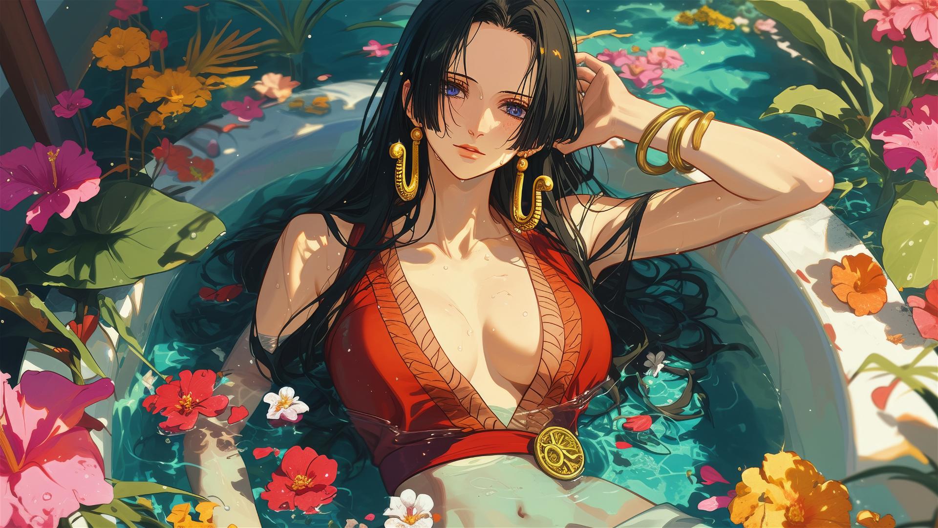 Boa Hancock from One Piece in tub filled with flowers at a Chinese spa.