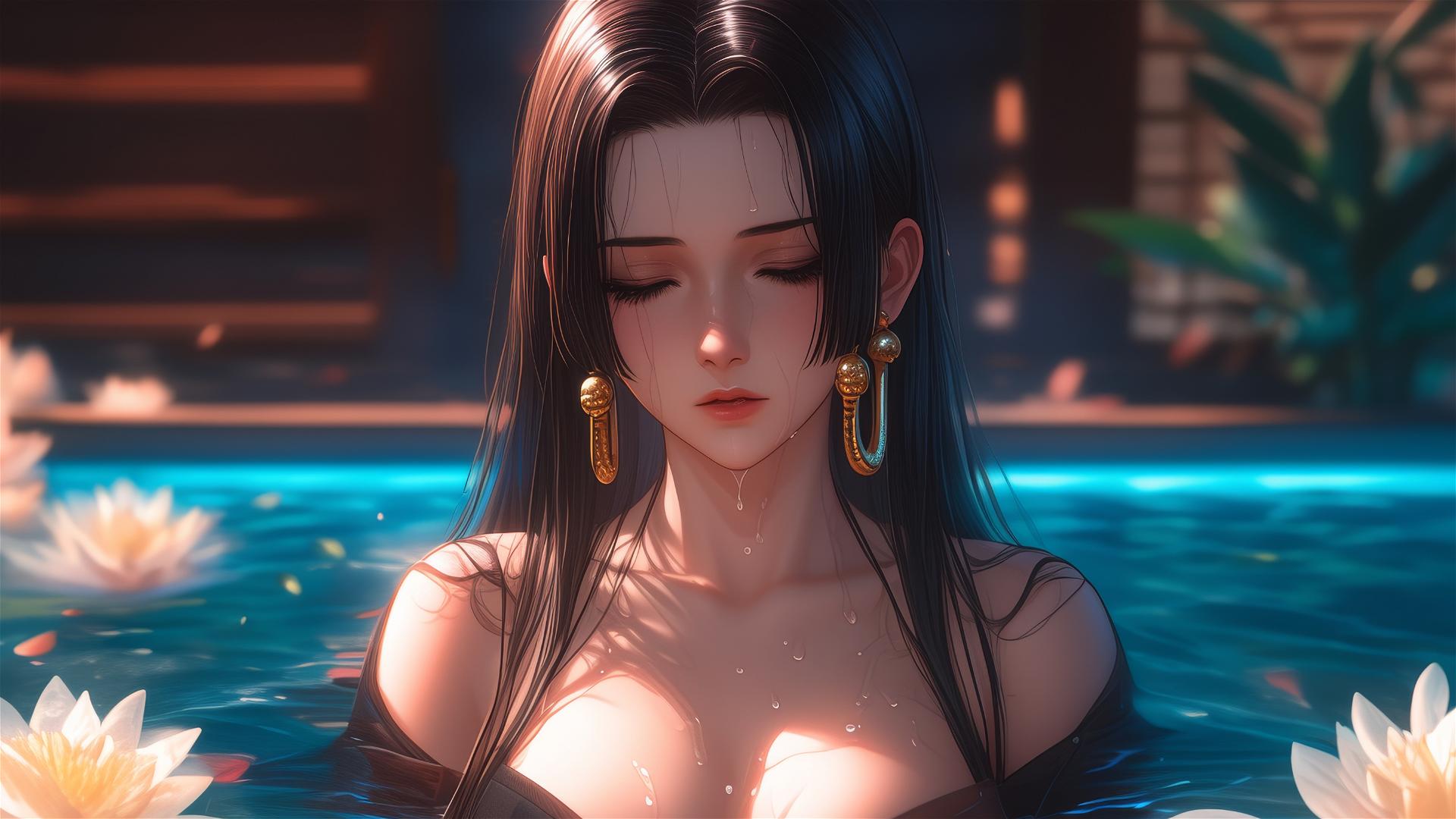Boa Hancock in a tub filled with flowers at a Chinese spa