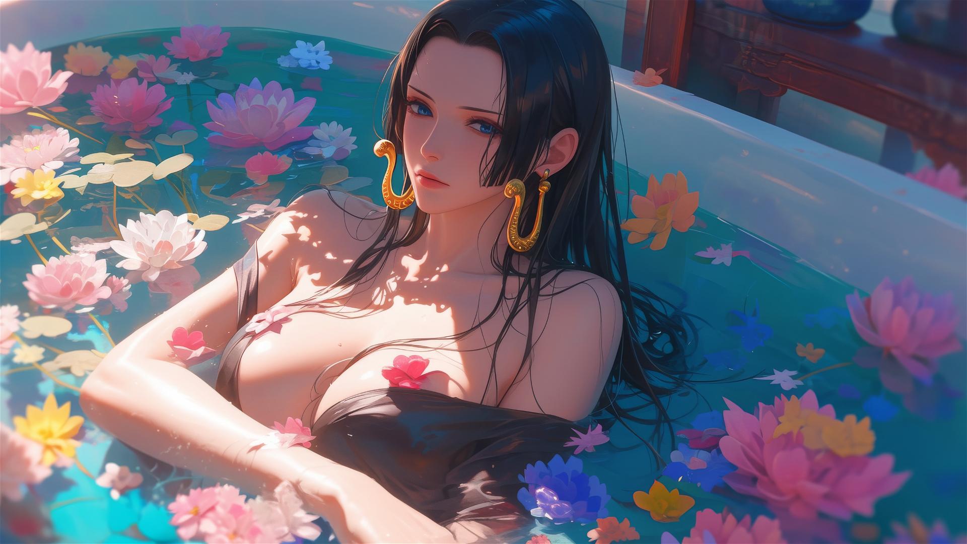 Boa Hancock from One Piece in a tub full of flowers in a Chinese spa.