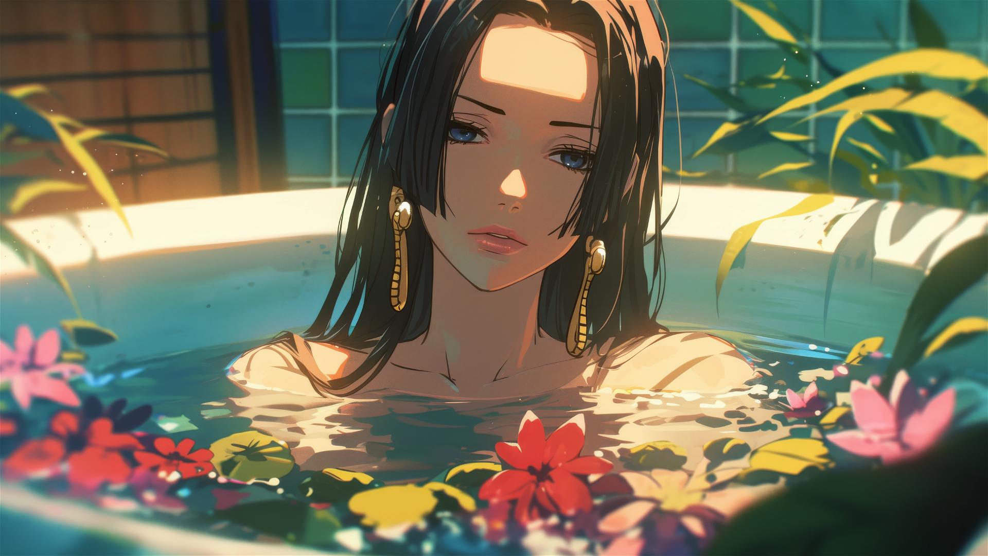 Boa Hancock from One Piece in a tub of flowers inside a Chinese spa