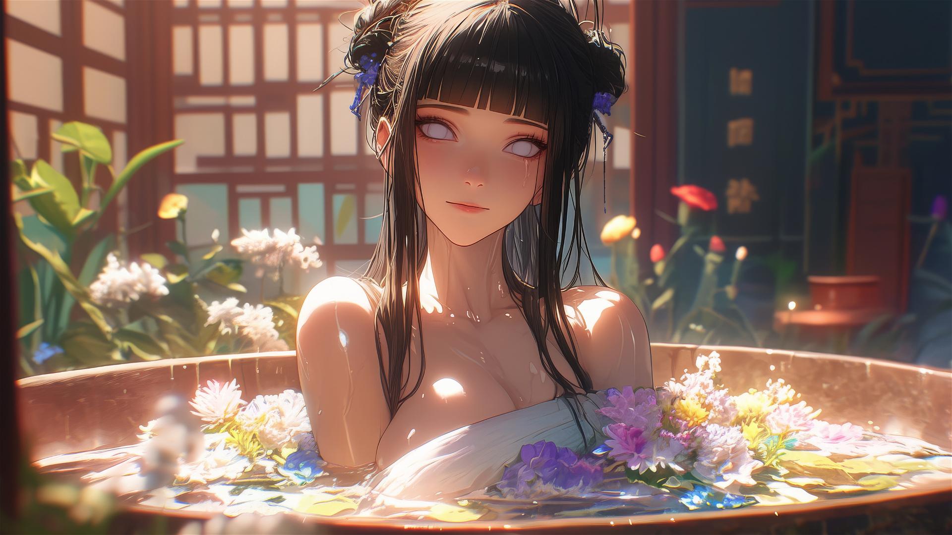 Hinata Hyuga in a flower-filled tub at a Chinese spa, white eyes.