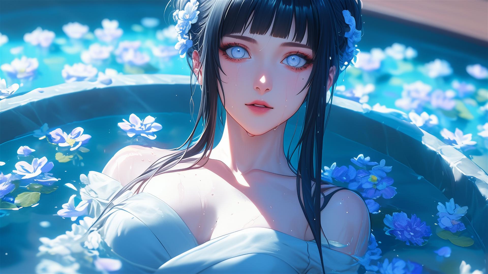 Hinata Hyuga in a tub of flowers at a Chinese spa with white eyes.