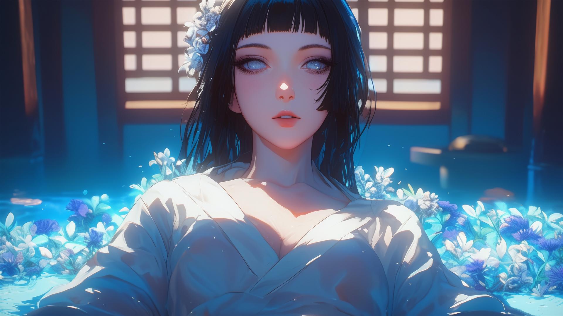 Hinata Hyuga with white eyes in a tub of flowers in a Chinese spa