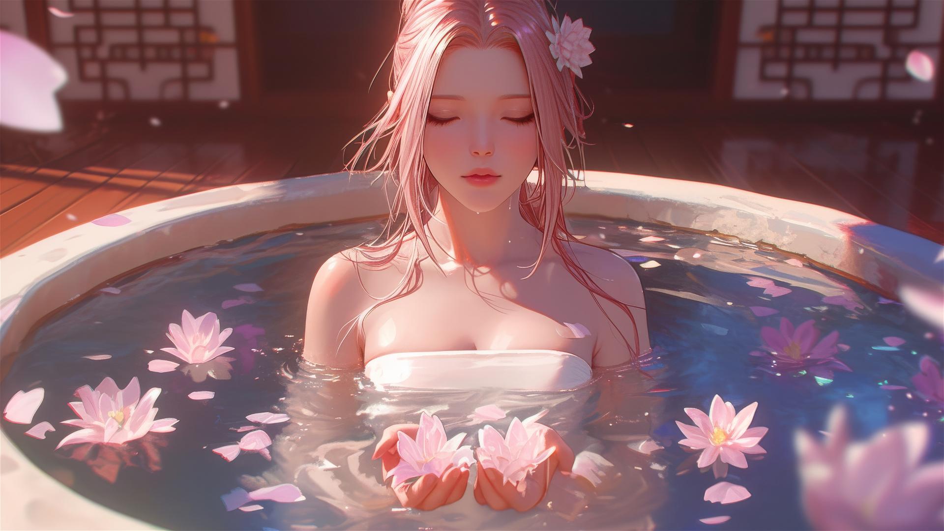 Sakura Haruno in a tub of flowers at a Chinese spa