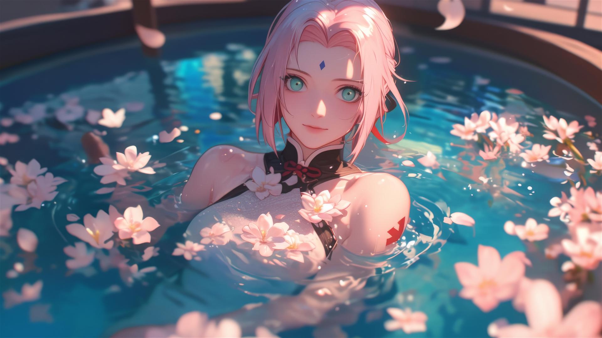 Sakura Haruno in tub of flowers in Chinese spa