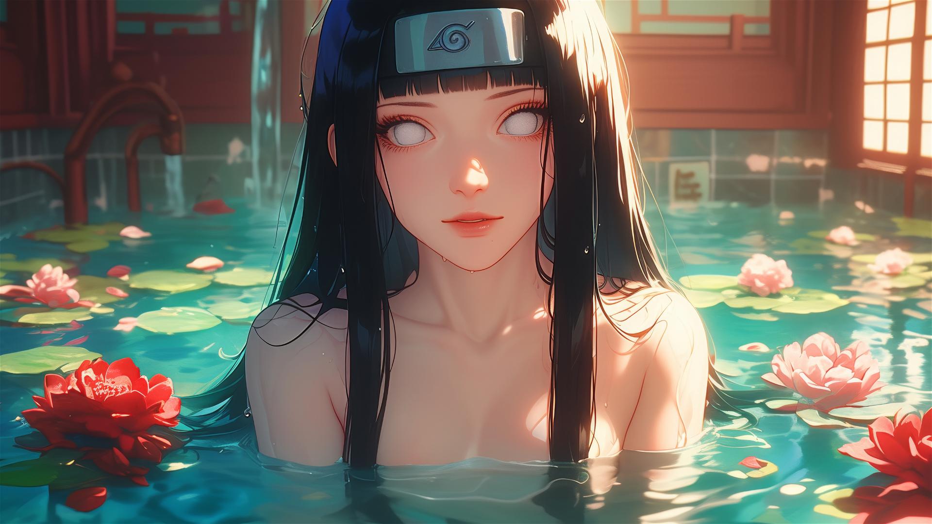 Hinata Hyuga from Naruto in a tub of flowers in a Chinese spa