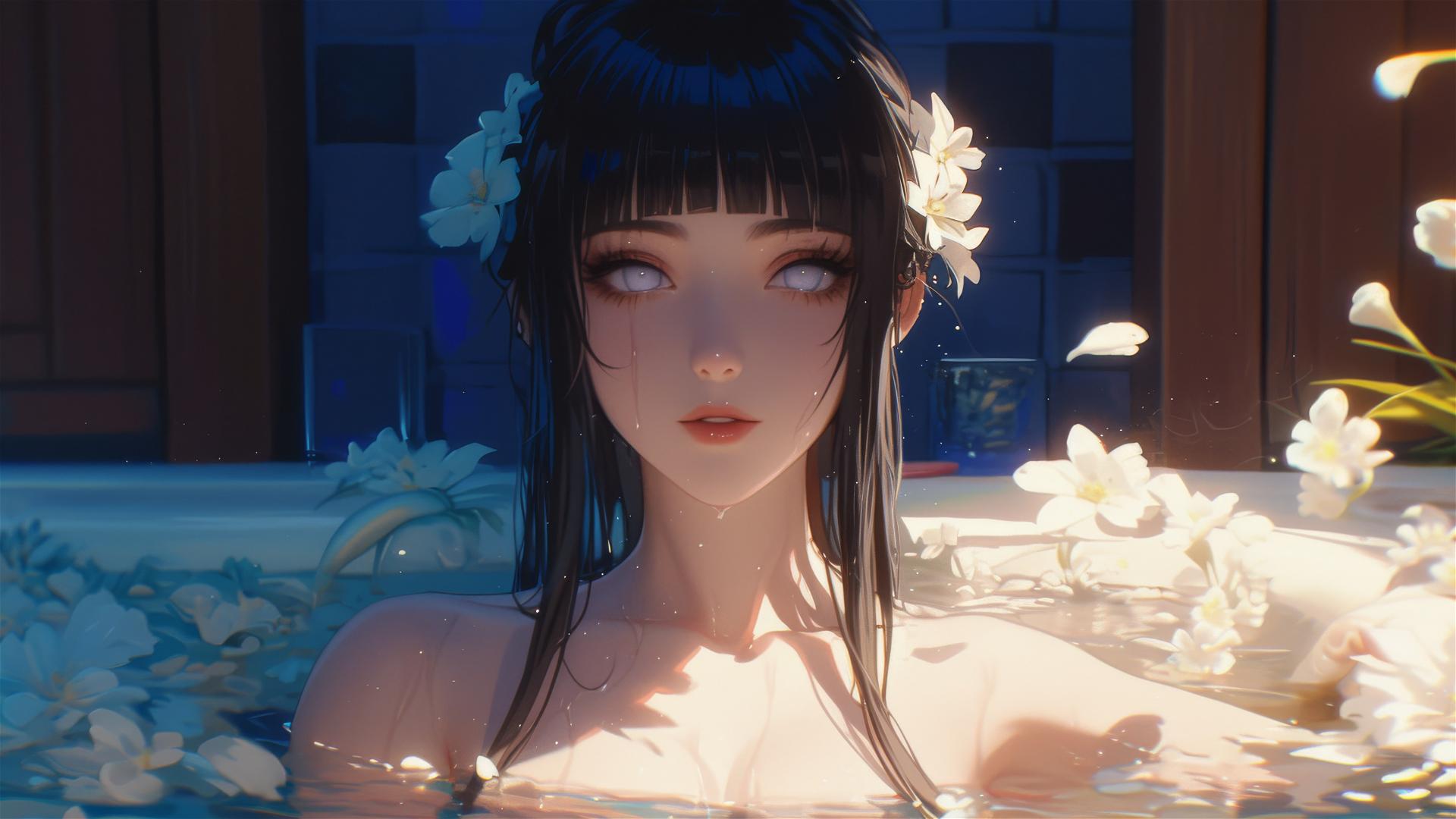 Hinata Hyuga from Naruto in a tub of flowers at a Chinese spa with white eyes
