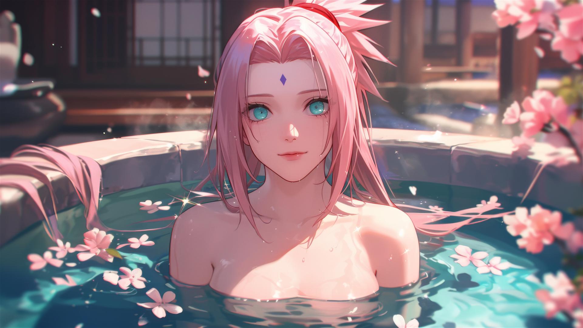 Sakura Haruno from Naruto in flower-filled tub at Chinese spa