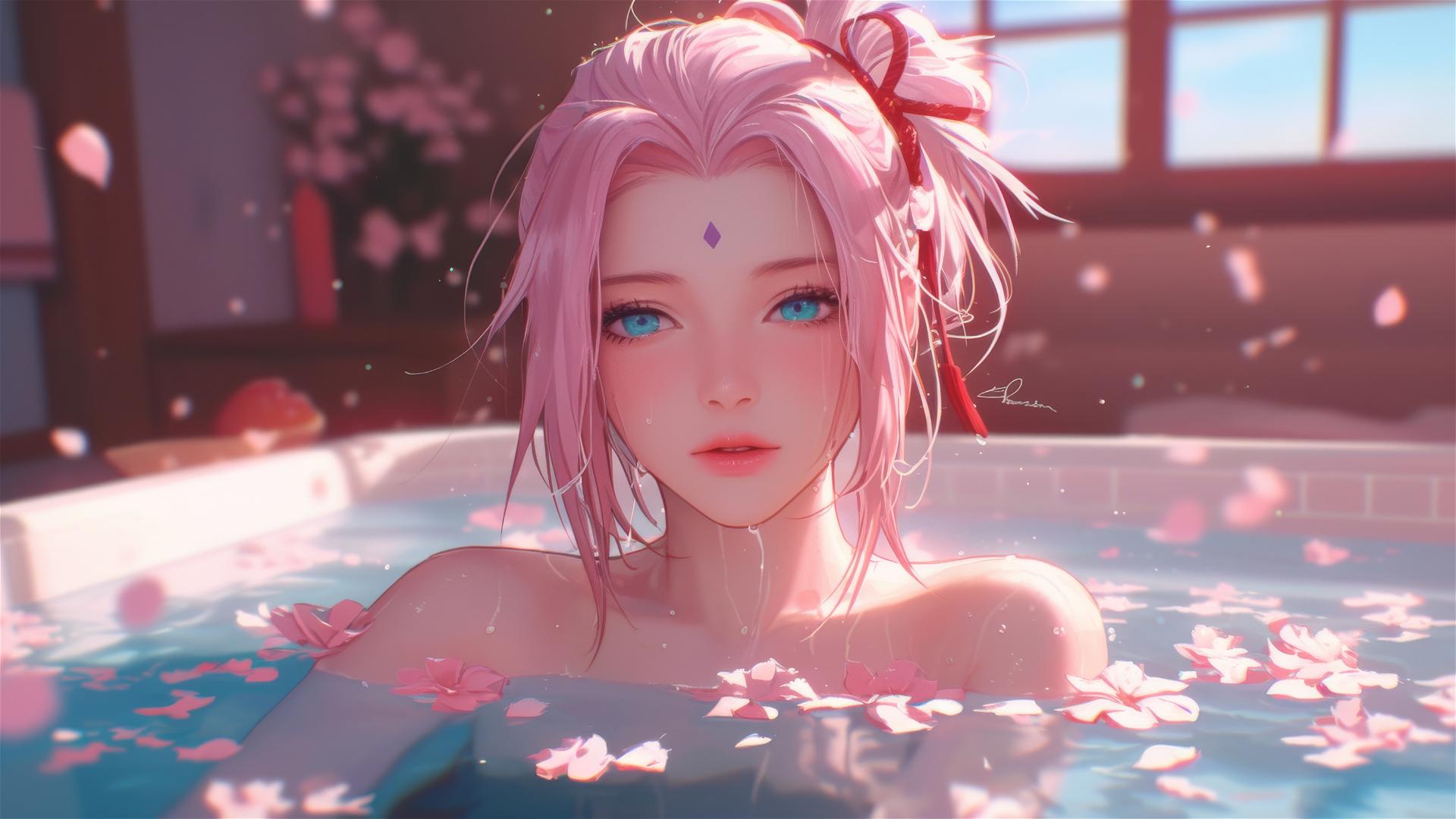 Sakura Haruno in flower-filled tub at Chinese spa