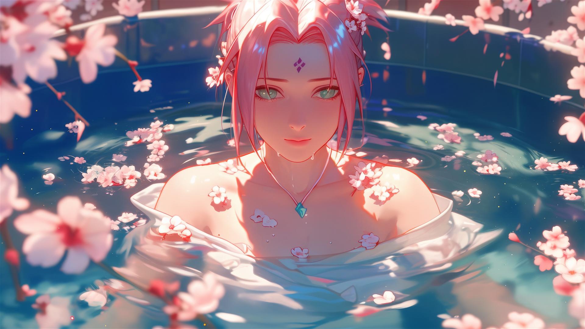 Sakura Haruno in flower-filled tub at Chinese spa