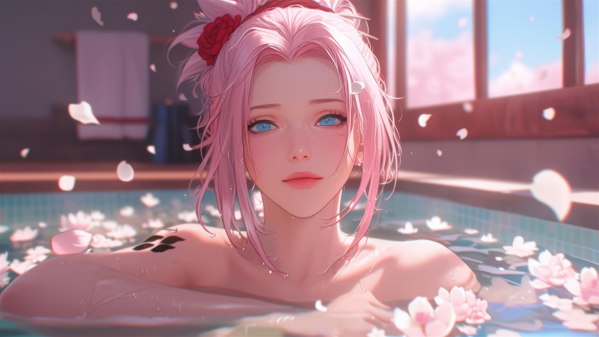 Sakura Haruno in a floral tub at a Chinese spa